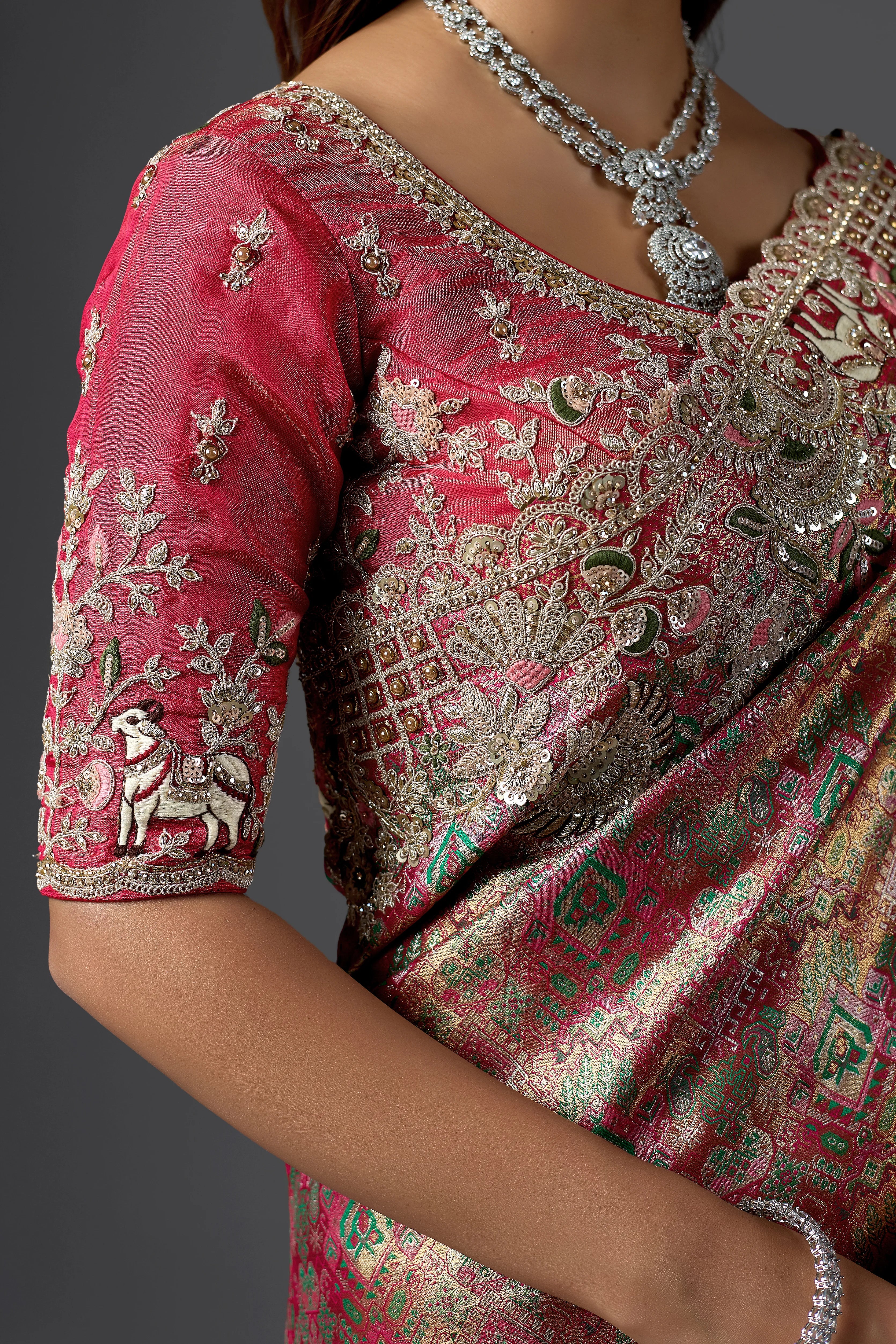 Rani Pink Jacquard Silk Saree with Heavy Handcrafted Border