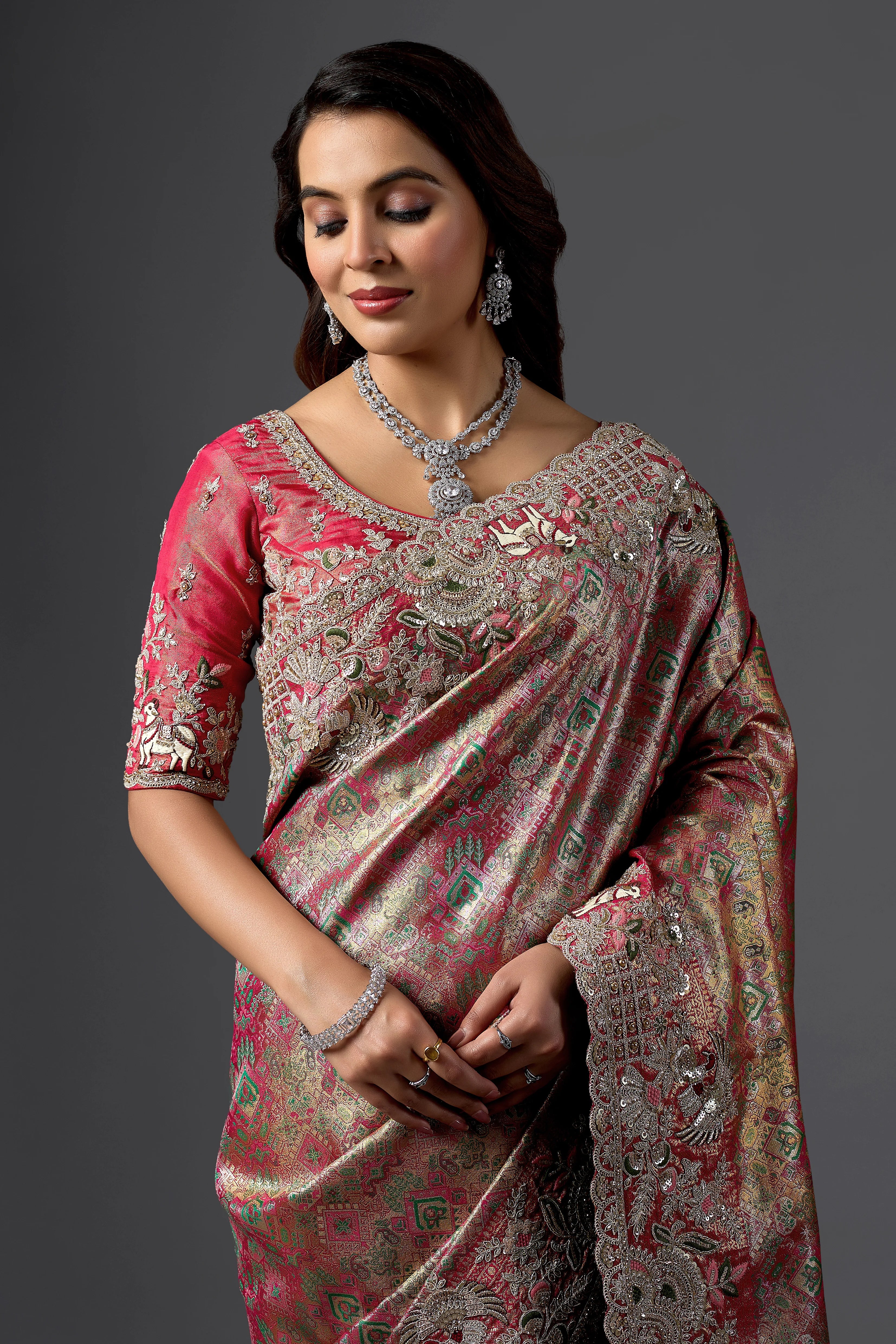 Rani Pink Jacquard Silk Saree with Heavy Handcrafted Border