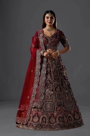 Maroon Zariwork Velvet Readymade Bridal Lehenga