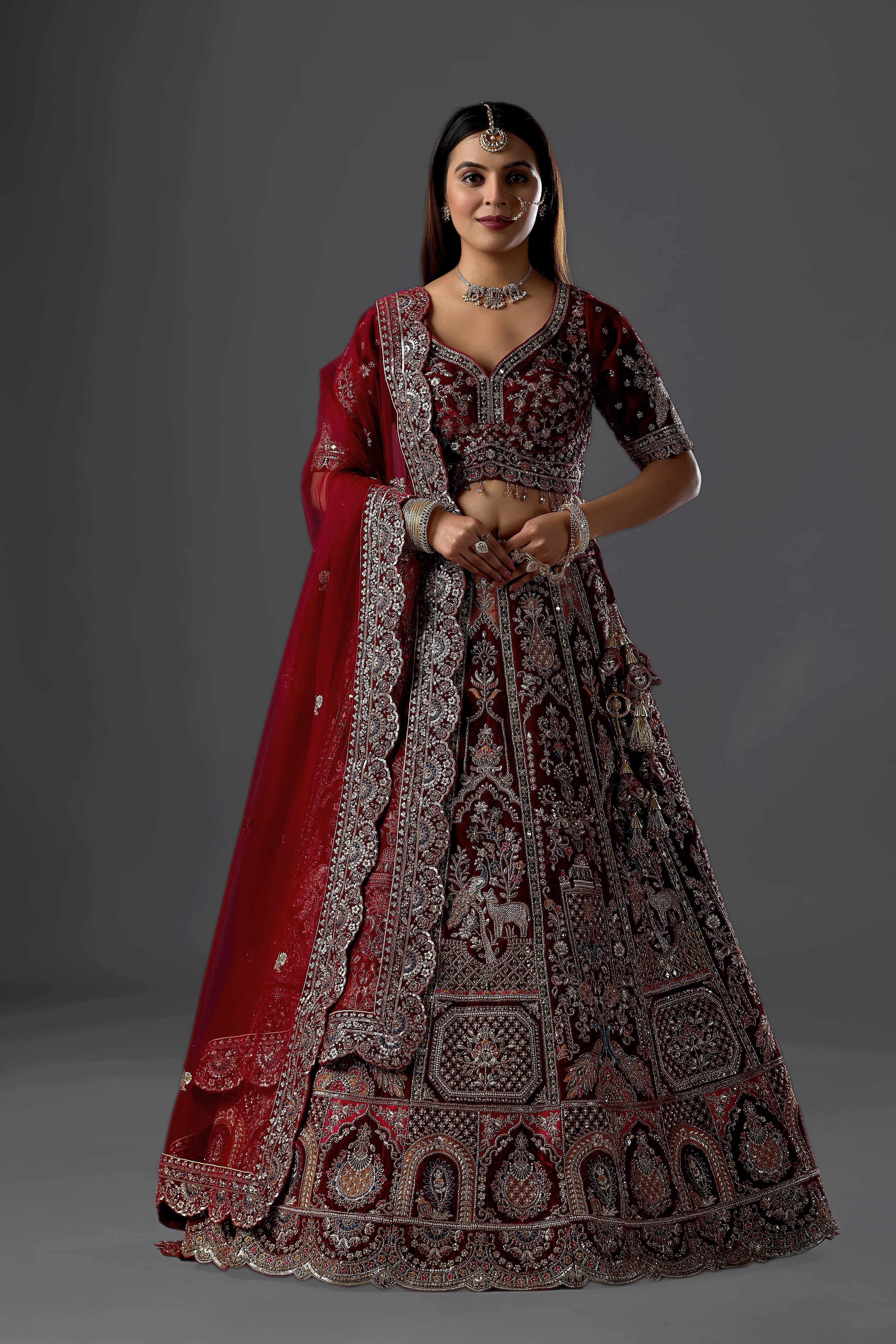 Maroon Zariwork Velvet Readymade Bridal Lehenga