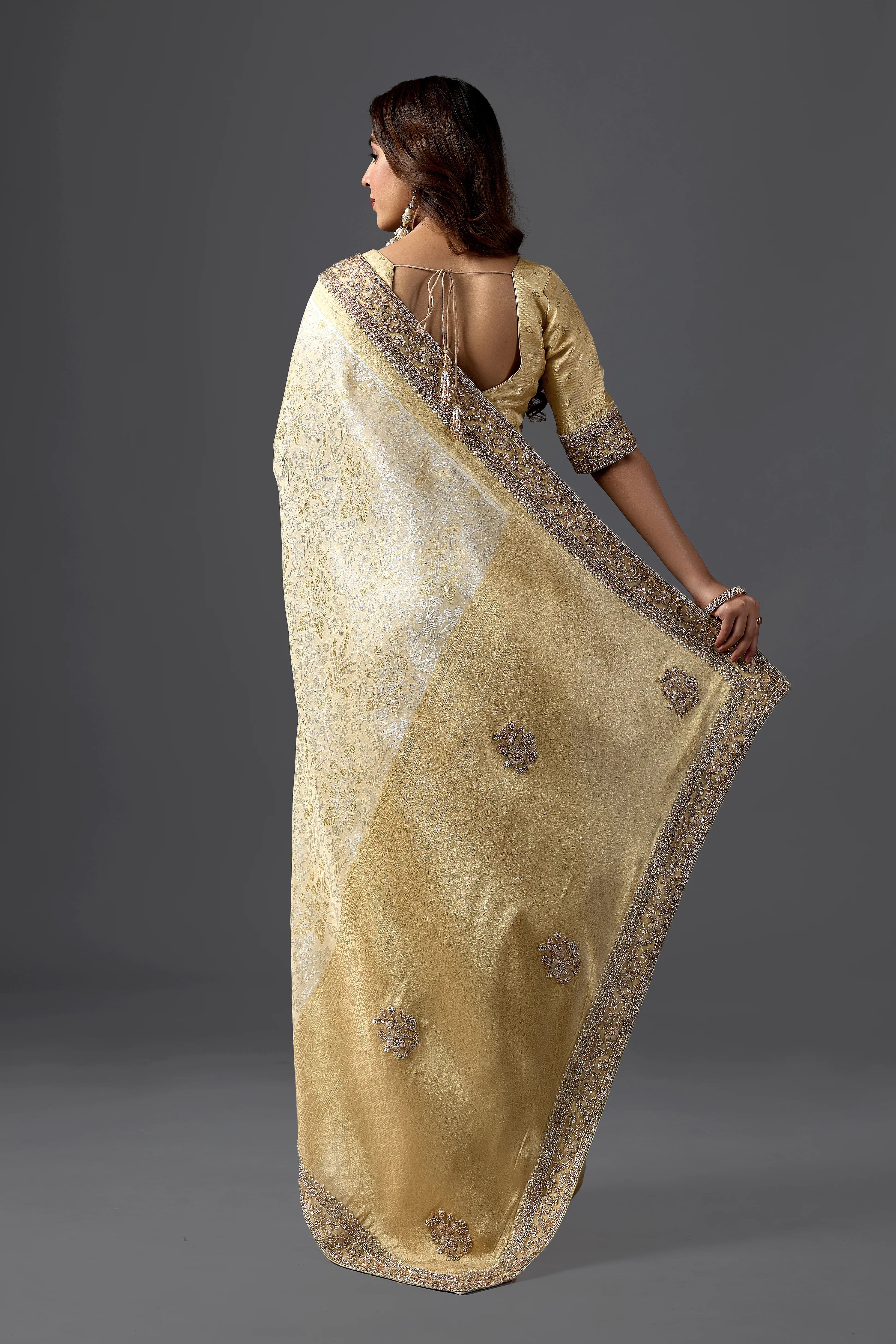 Champagne Gold Tissue Saree With Elegant Embellished Border