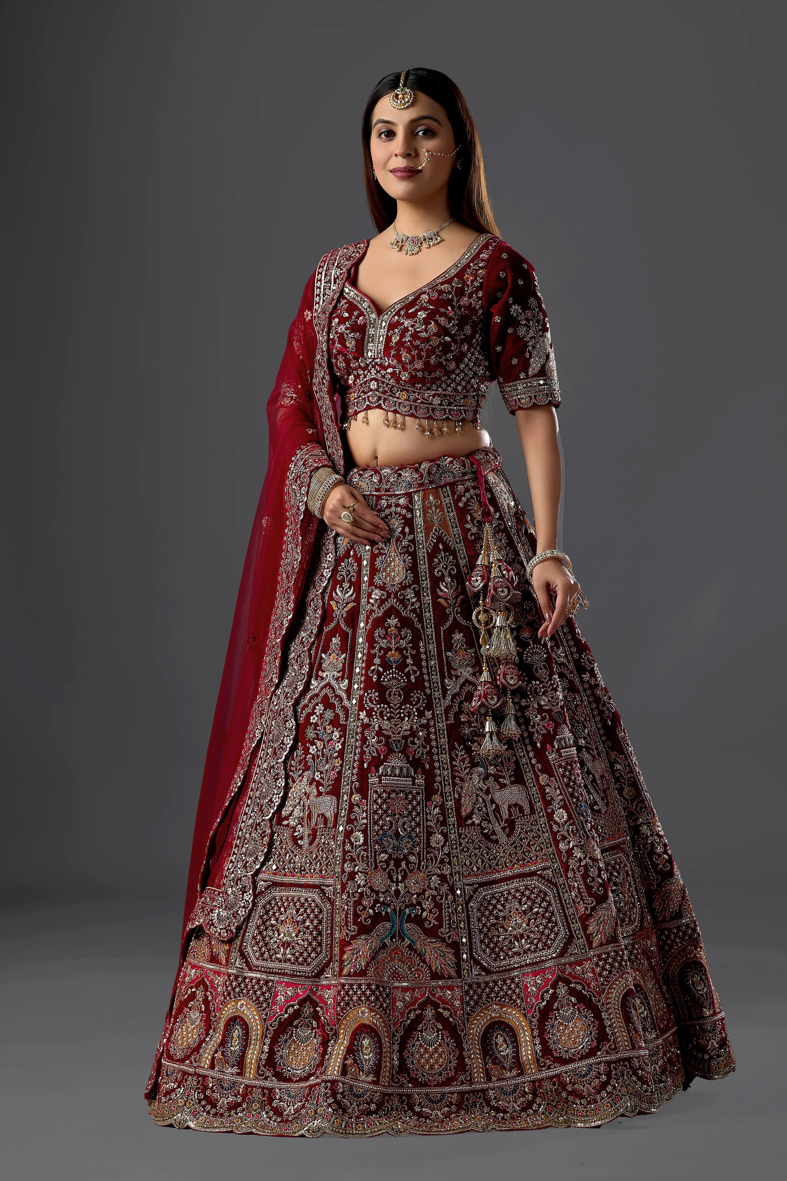 Maroon Zariwork Velvet Readymade Bridal Lehenga