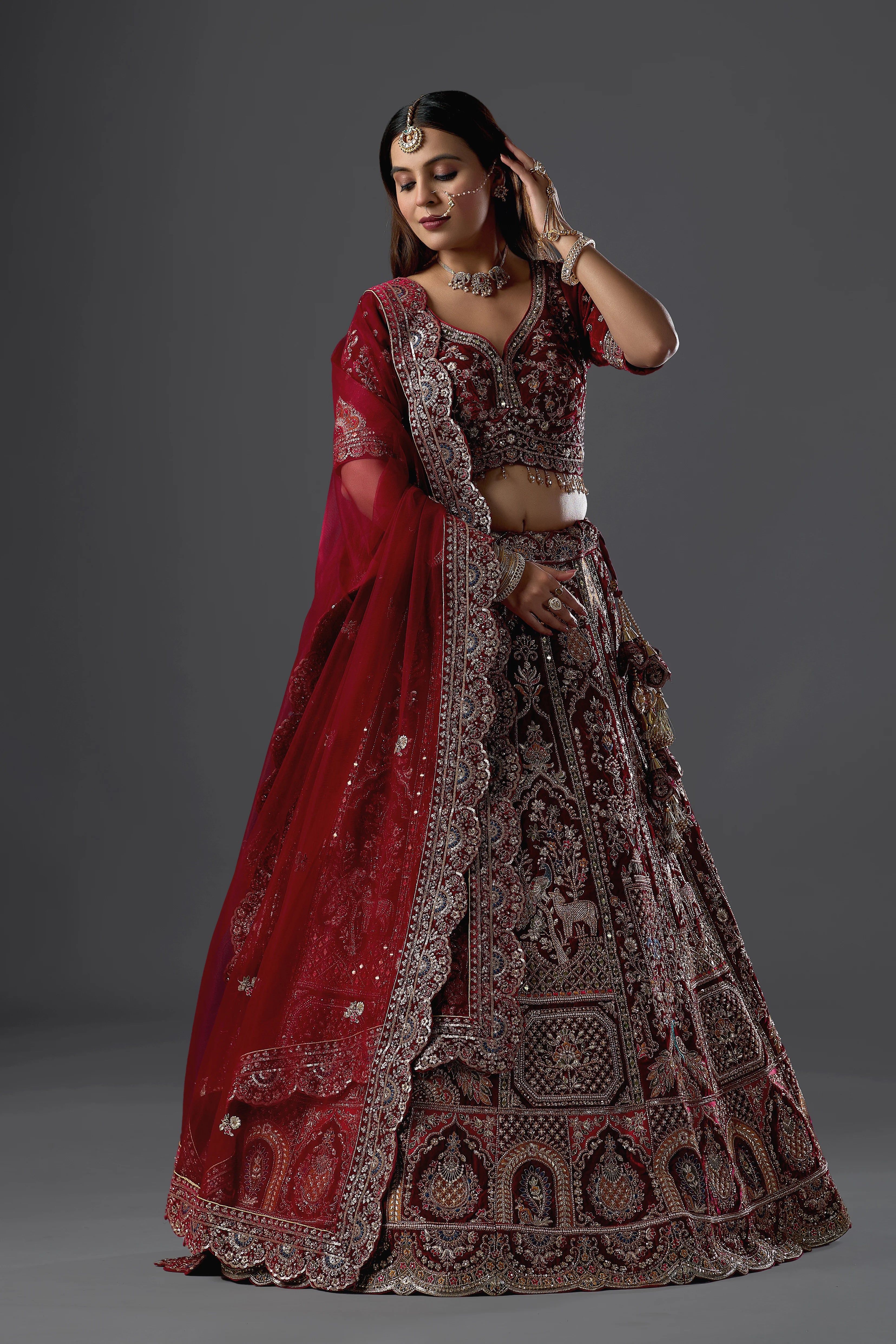Maroon Zariwork Velvet Readymade Bridal Lehenga