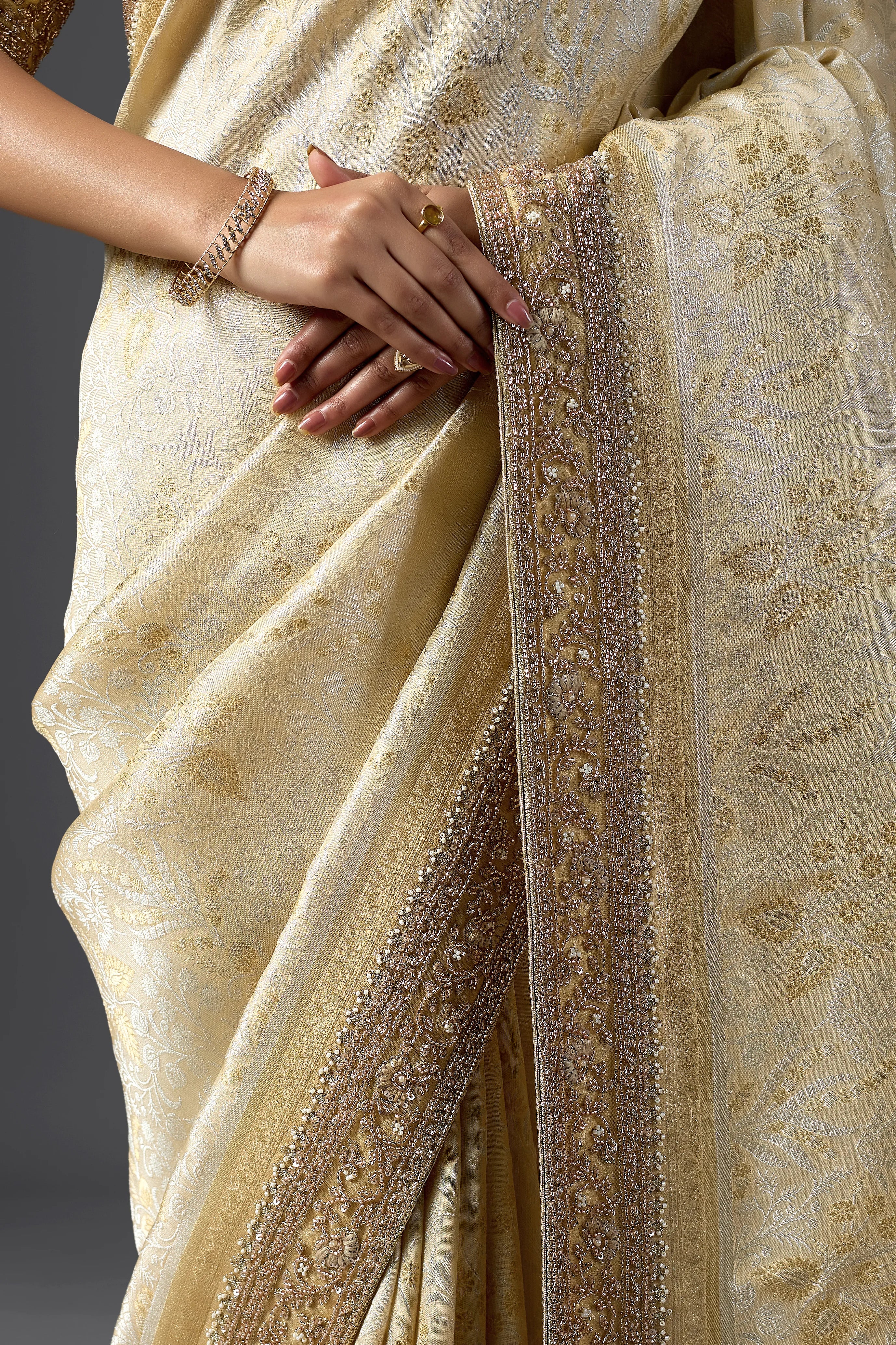Champagne Gold Tissue Saree With Elegant Embellished Border