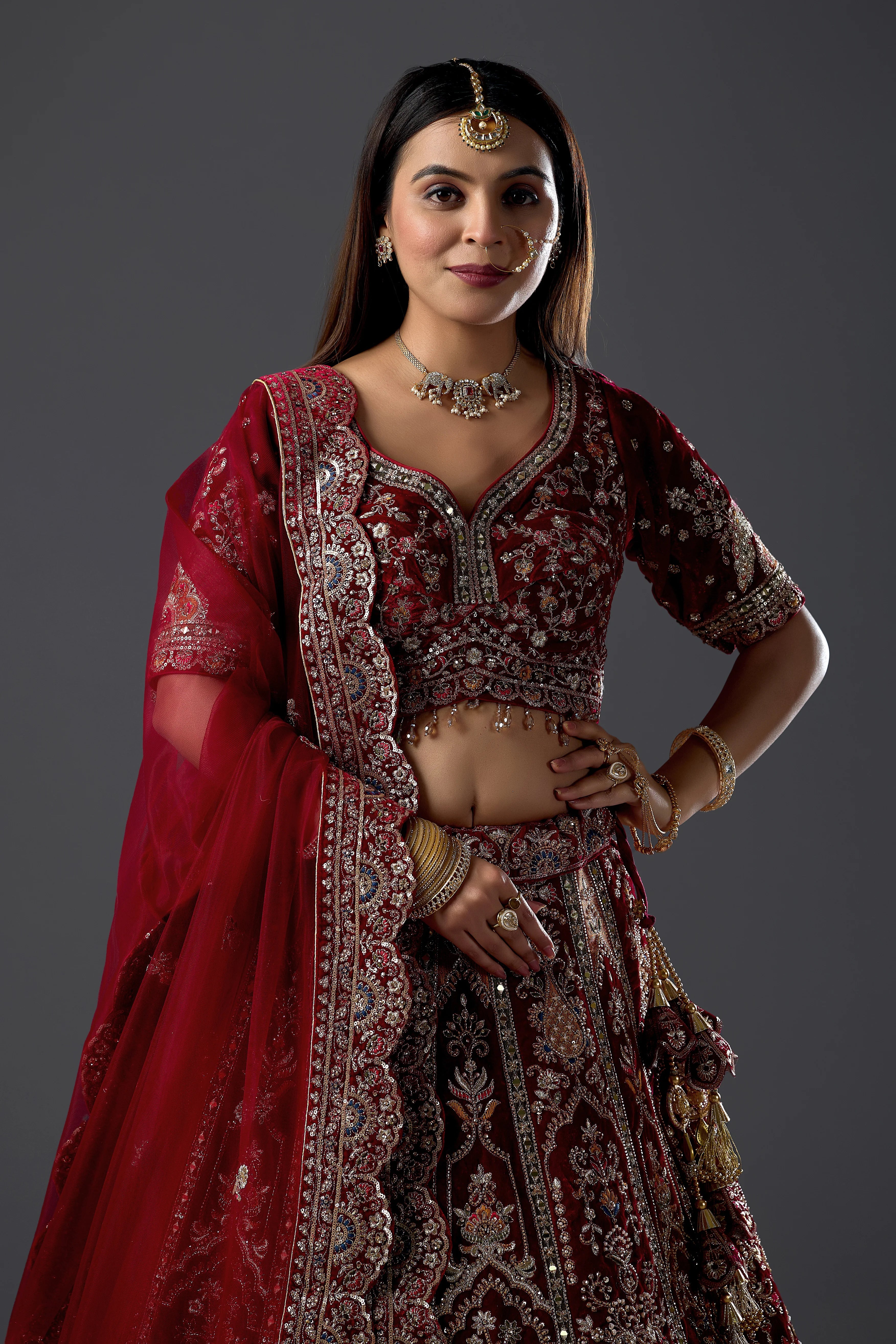 Maroon Zariwork Velvet Readymade Bridal Lehenga