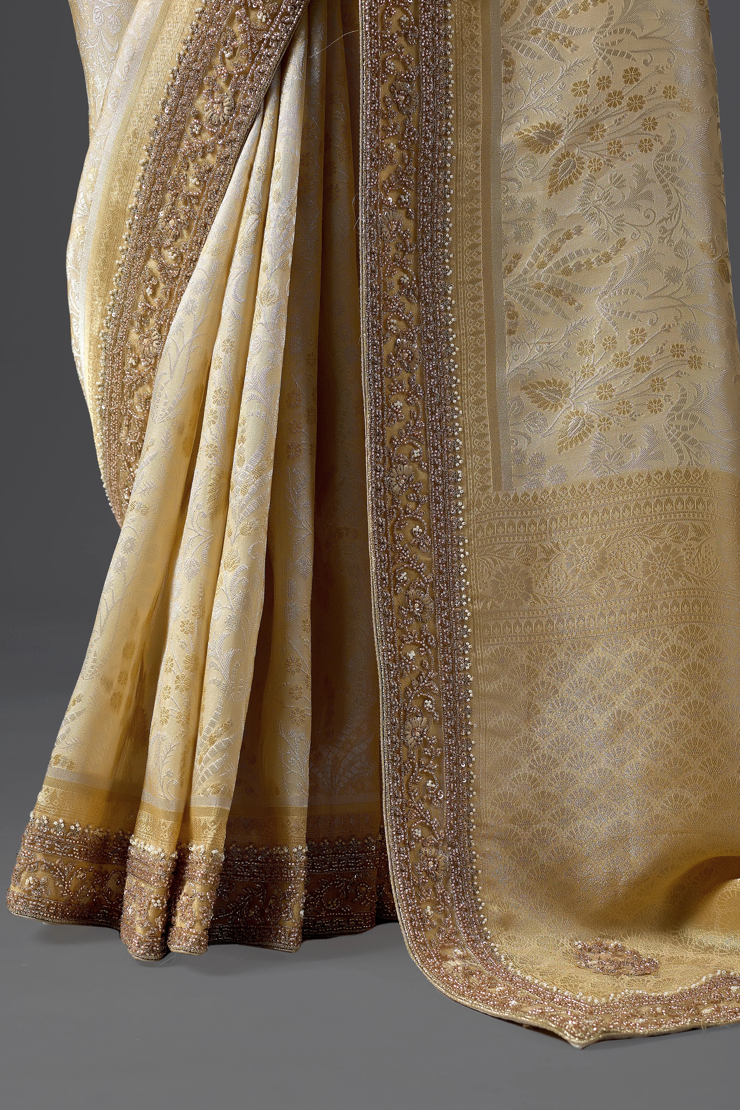 Champagne Gold Tissue Saree With Elegant Embellished Border