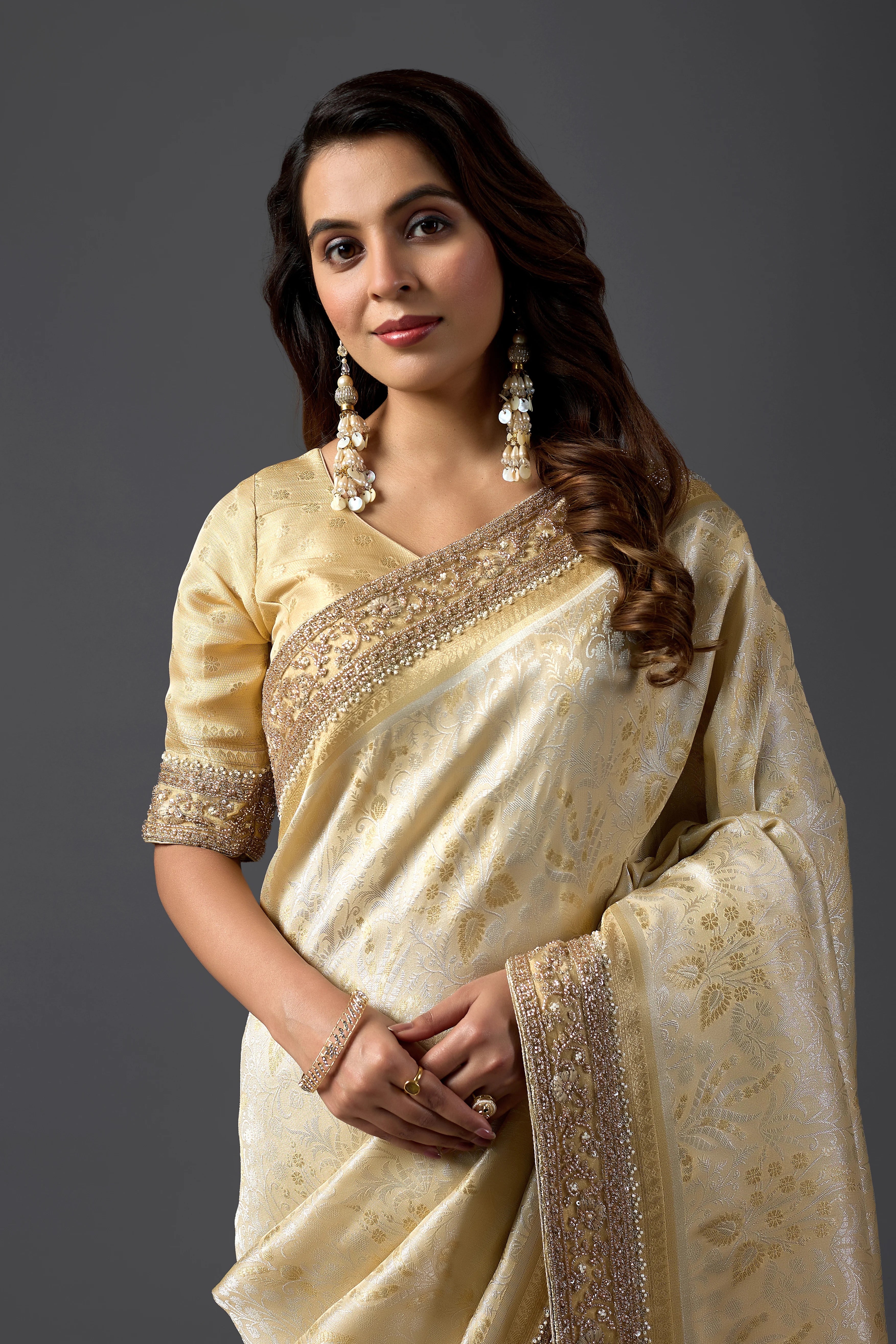 Champagne Gold Tissue Saree With Elegant Embellished Border