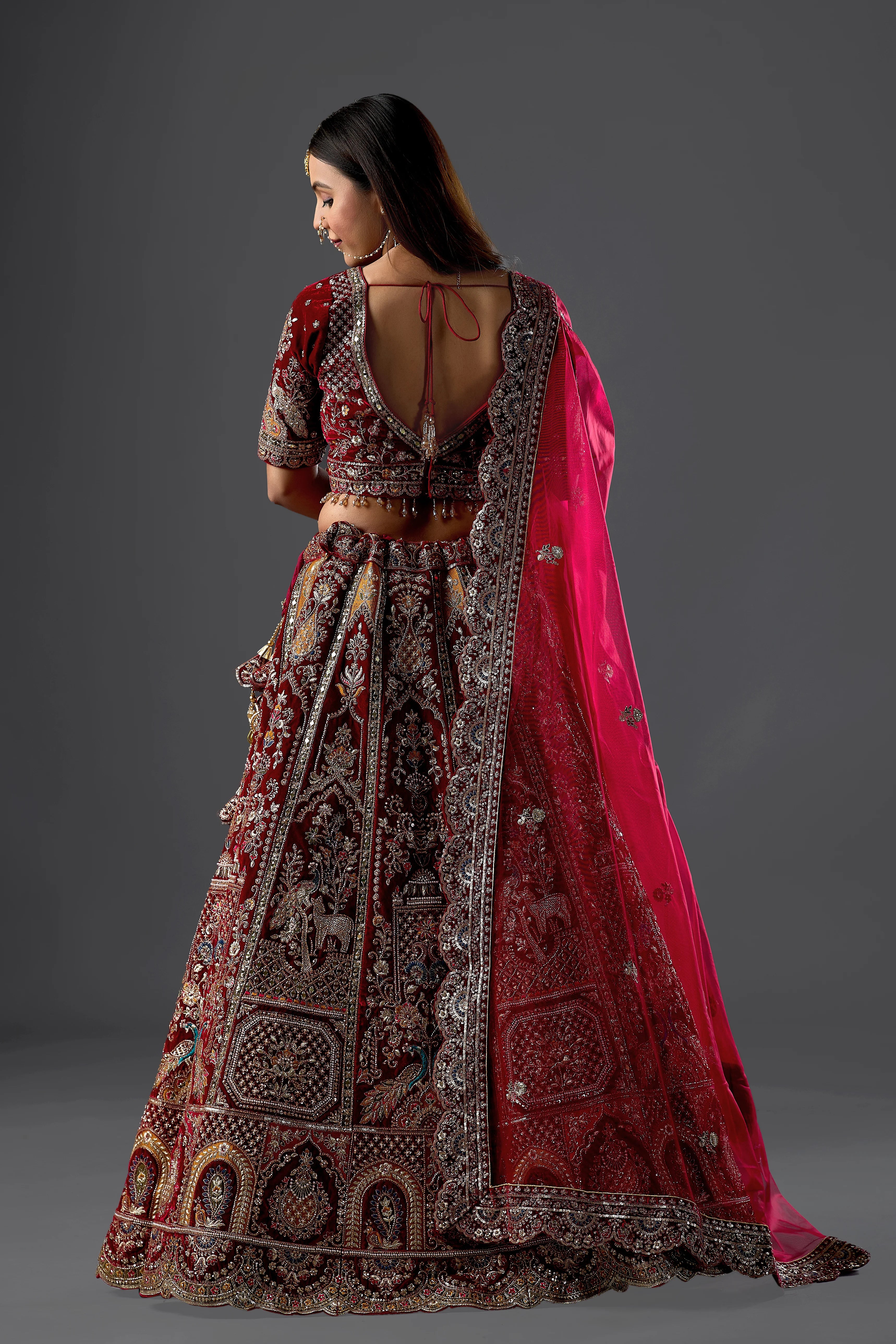 Maroon Zariwork Velvet Readymade Bridal Lehenga