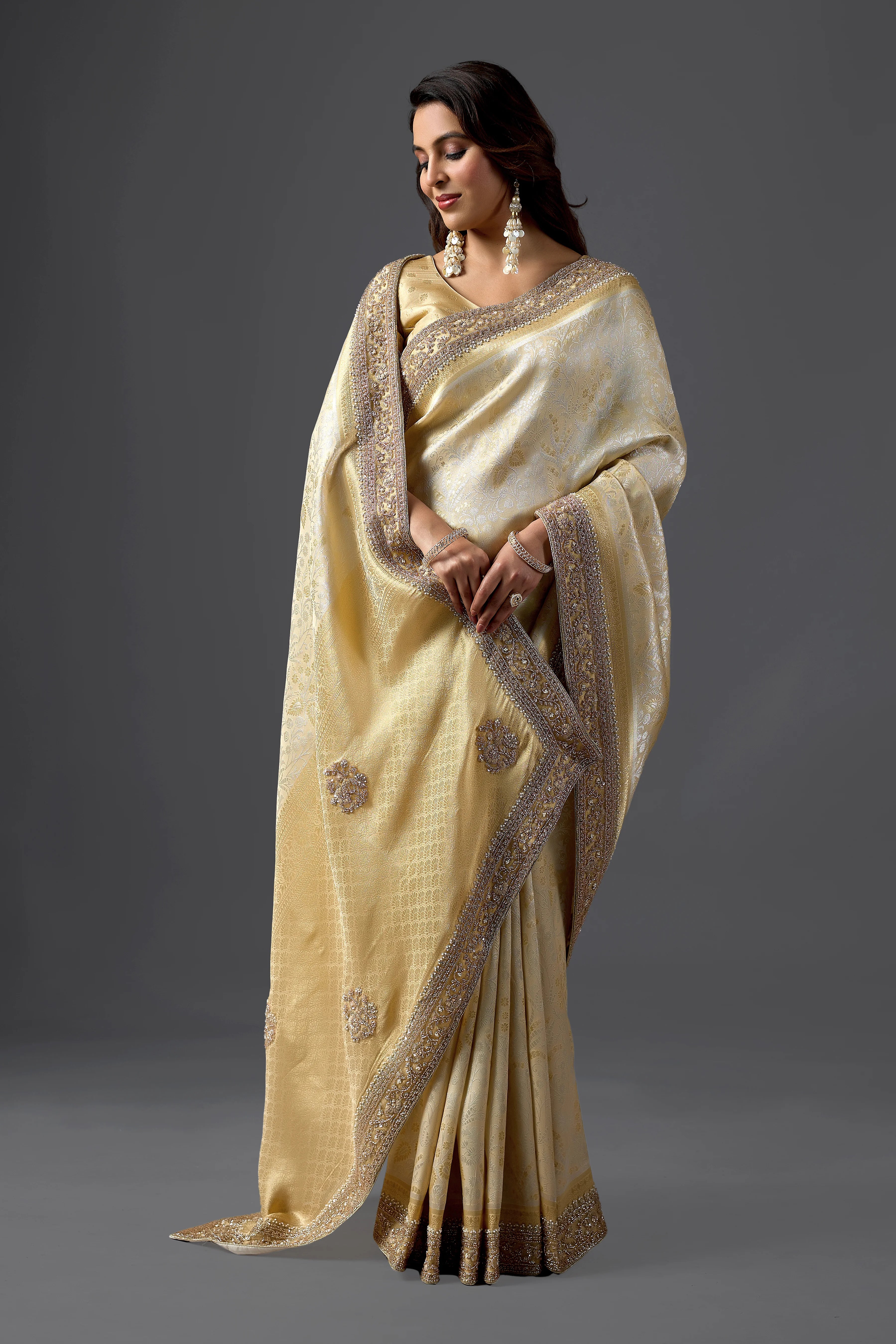 Champagne Gold Tissue Saree With Elegant Embellished Border