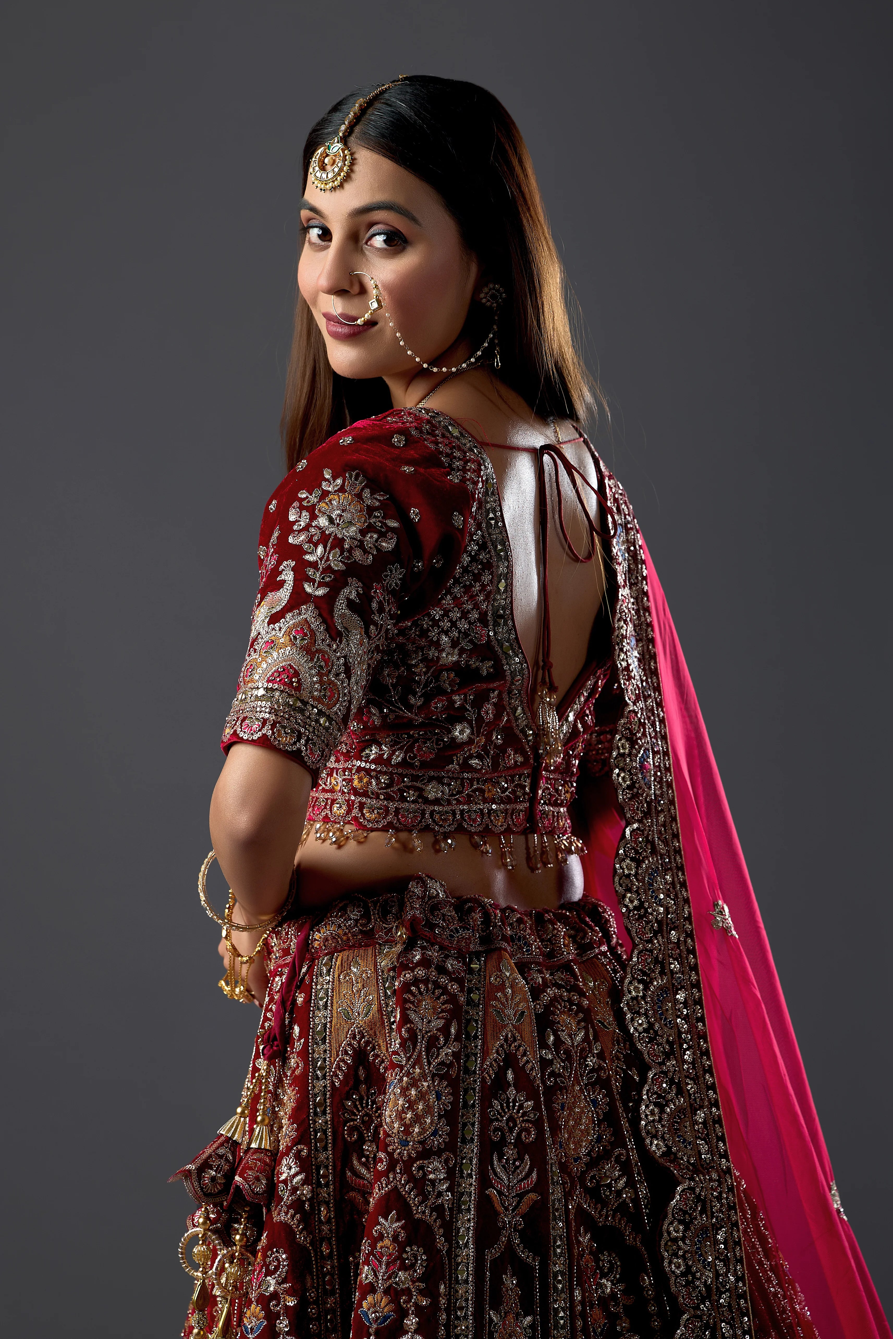 Maroon Zariwork Velvet Readymade Bridal Lehenga