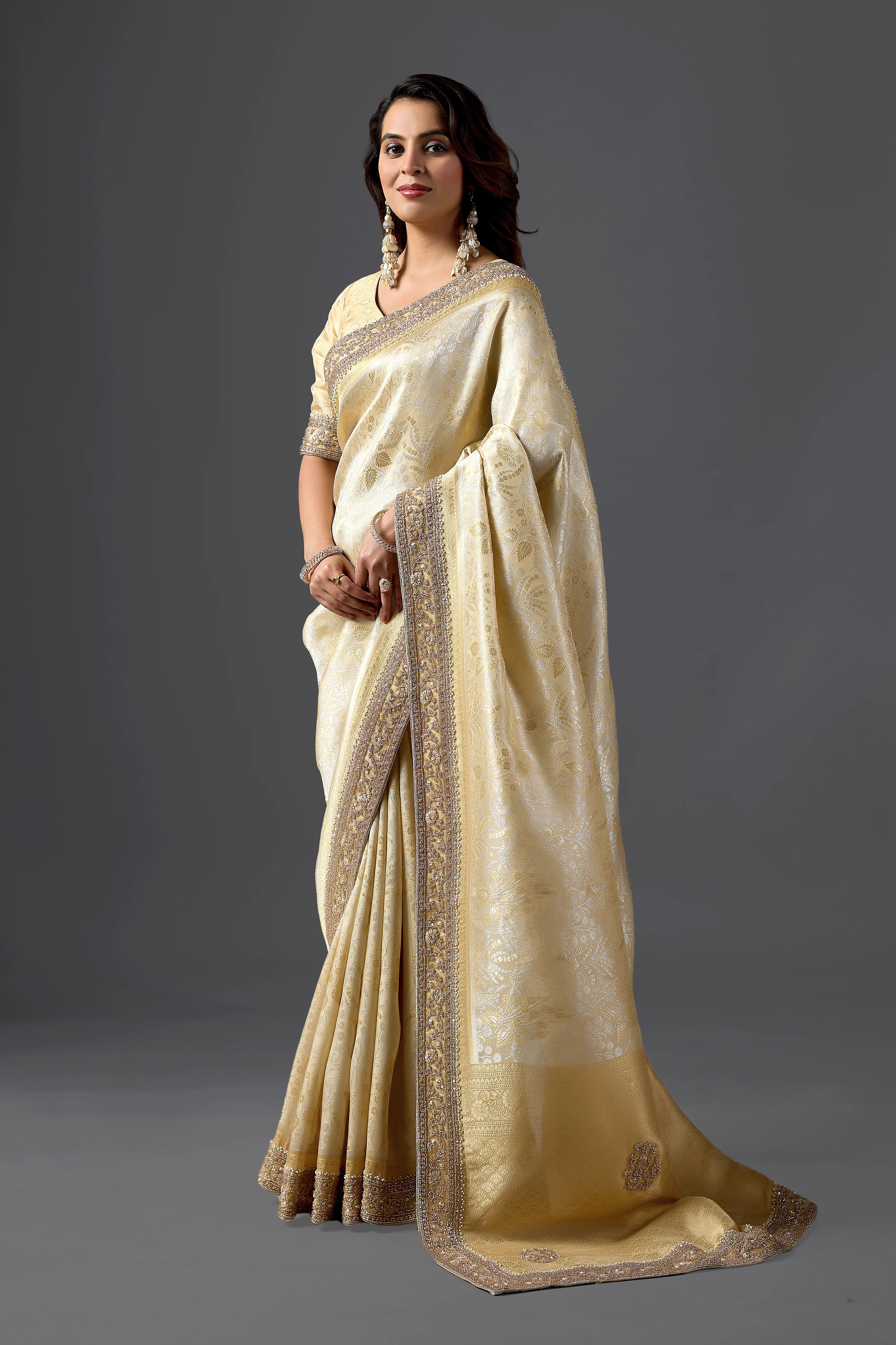 Champagne Gold Tissue Saree With Elegant Embellished Border