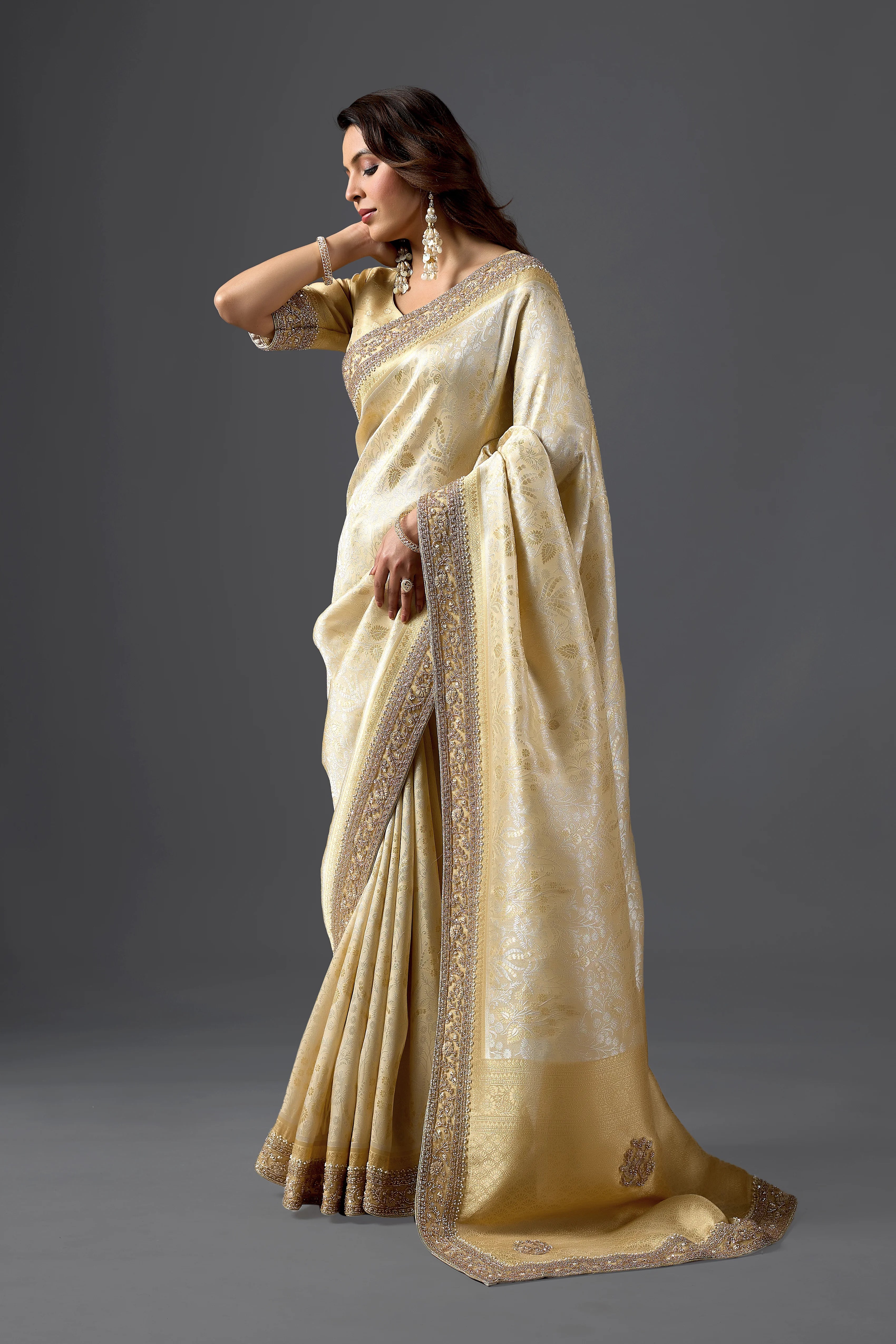 Champagne Gold Tissue Saree With Elegant Embellished Border