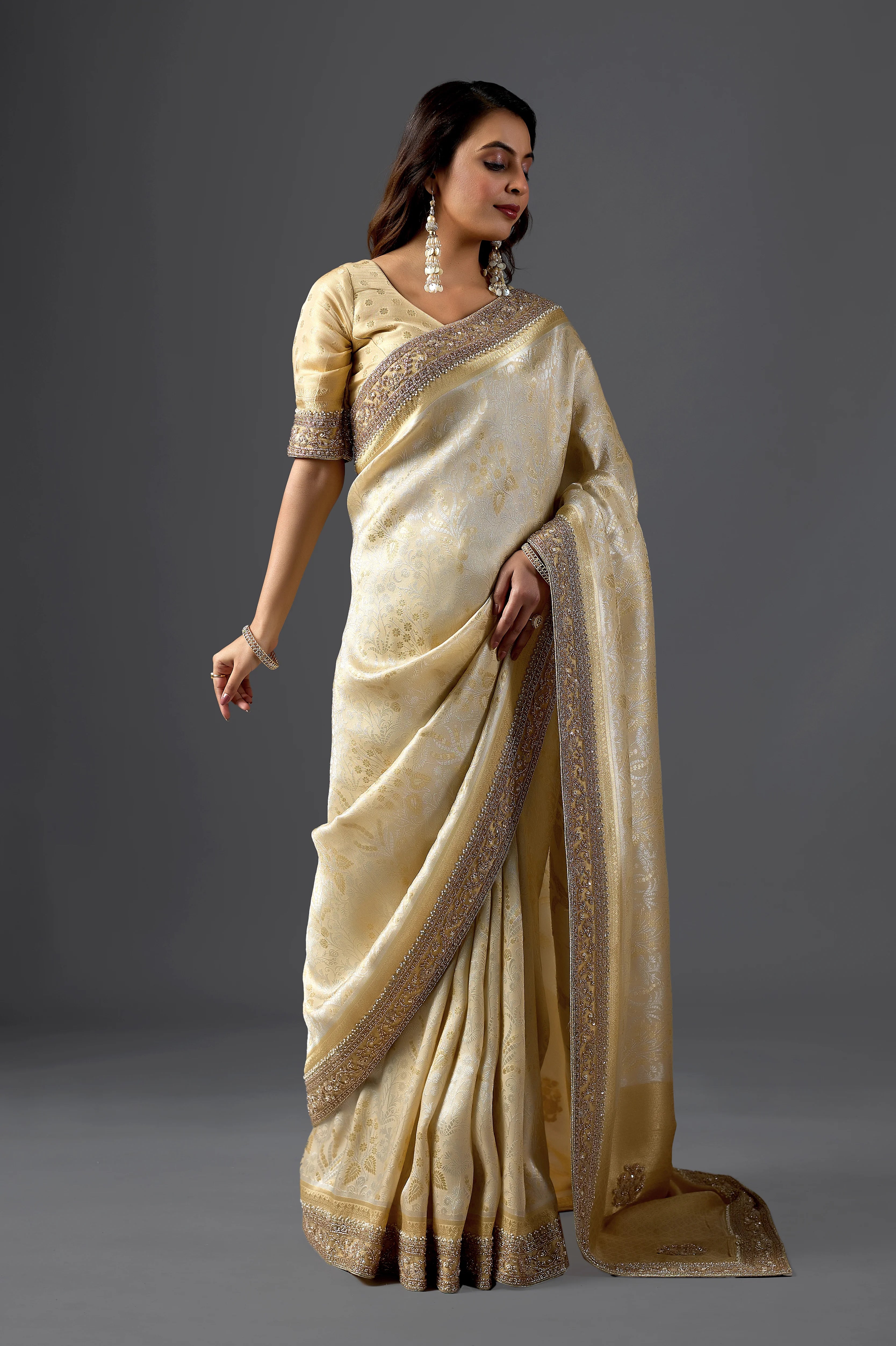 Champagne Gold Tissue Saree With Elegant Embellished Border
