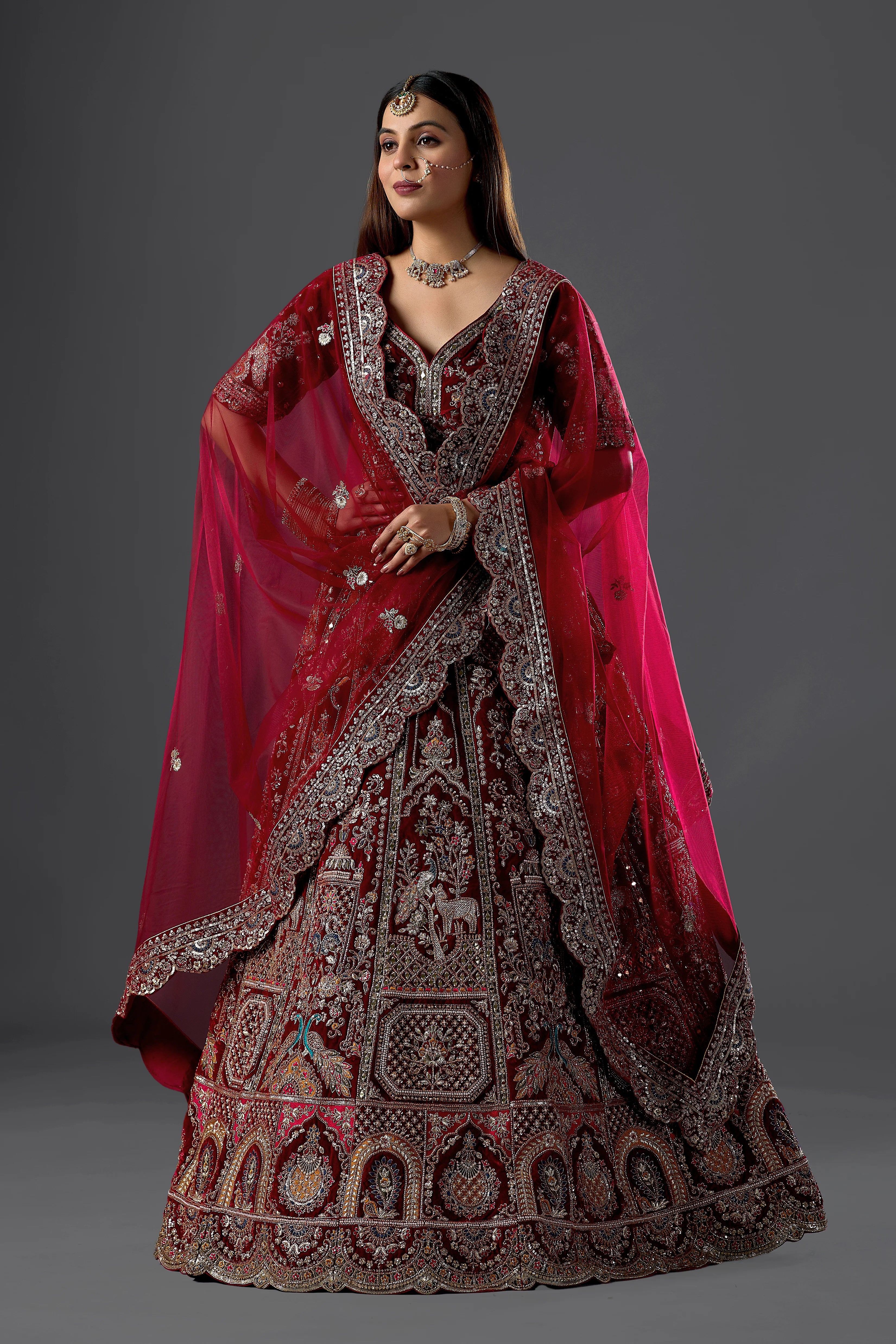 Maroon Zariwork Velvet Readymade Bridal Lehenga