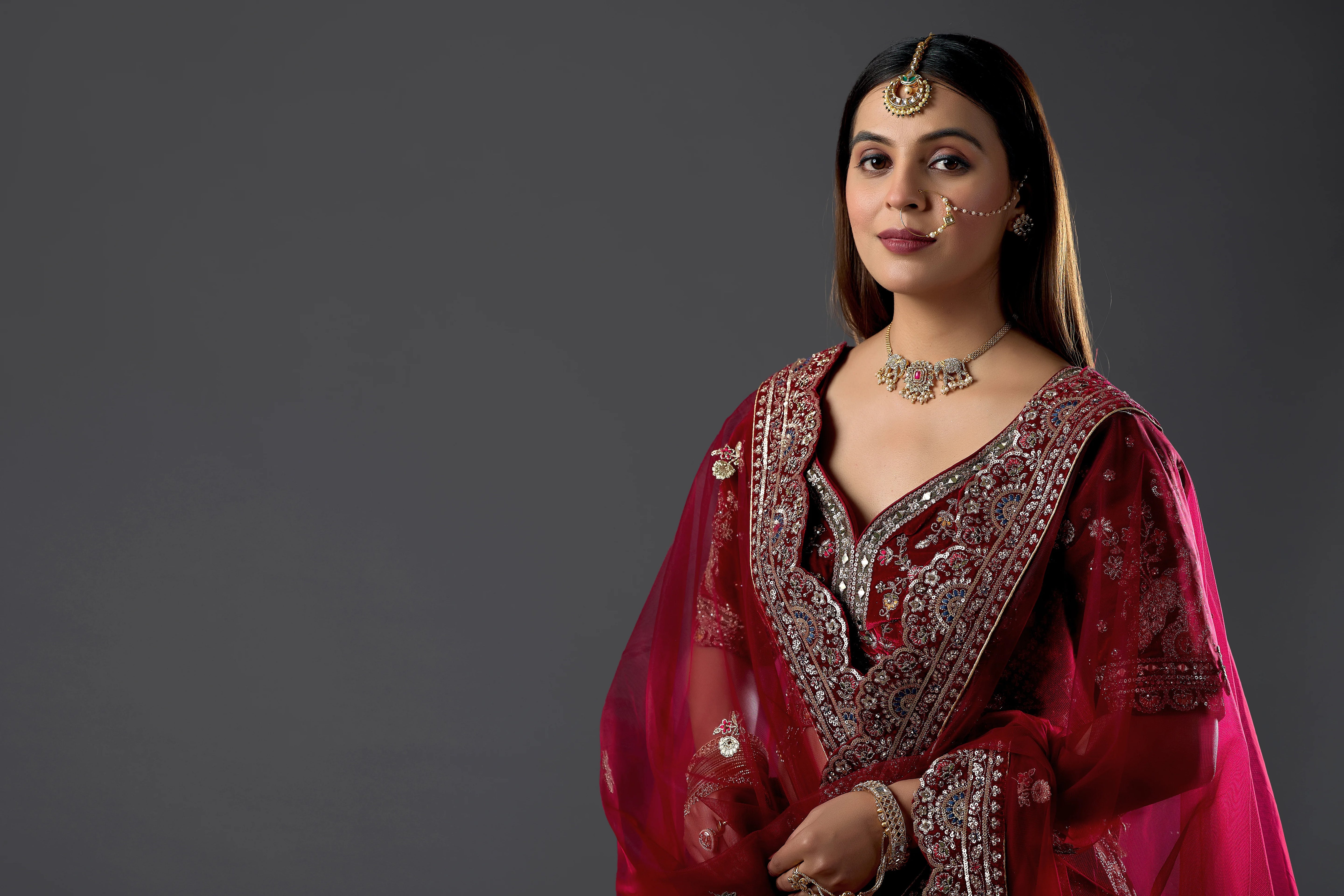 Maroon Zariwork Velvet Readymade Bridal Lehenga