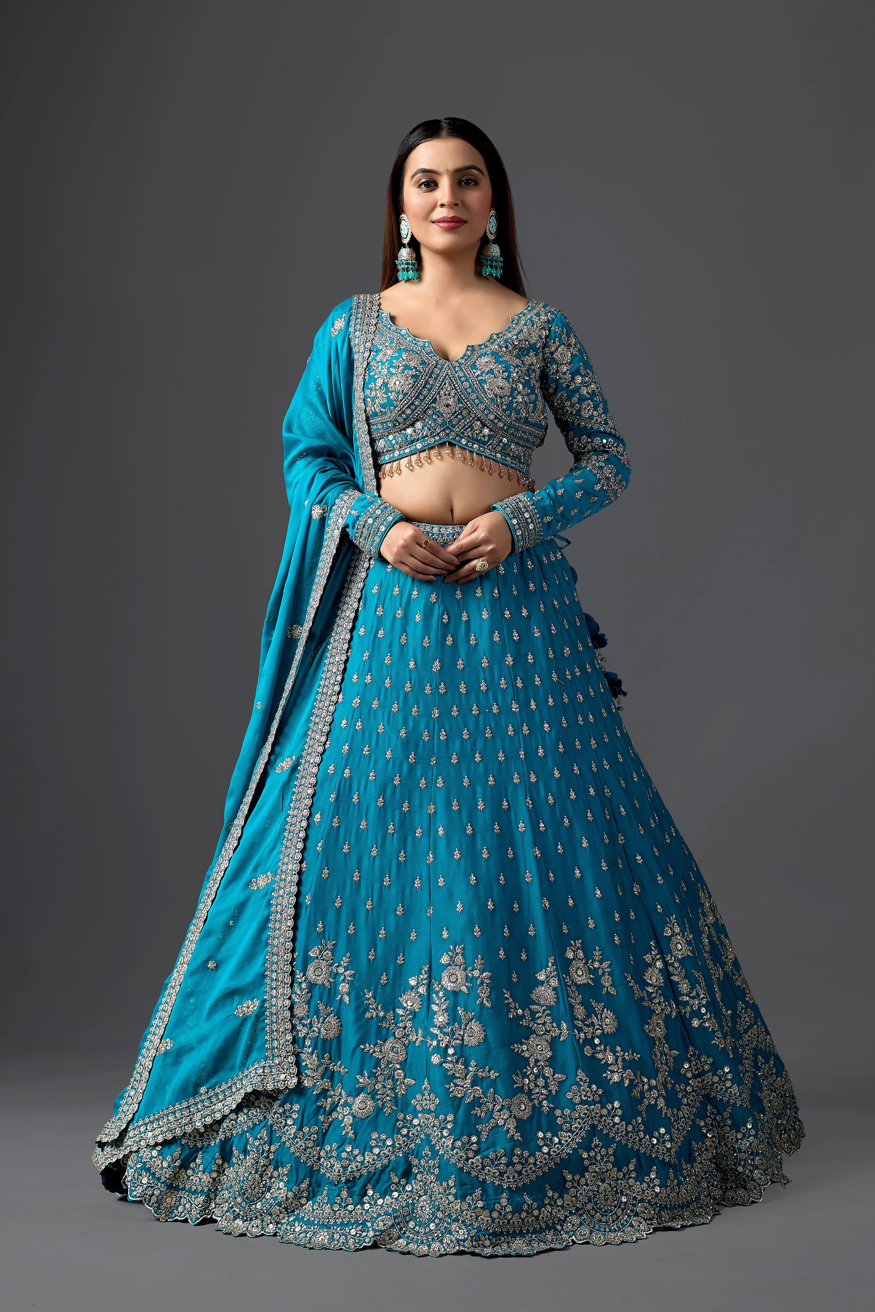 Turquoise Embroidered Georgette Lehenga Choli with Heavy Embroidery Blouse Attached Dupatta And Zari ReshamWork