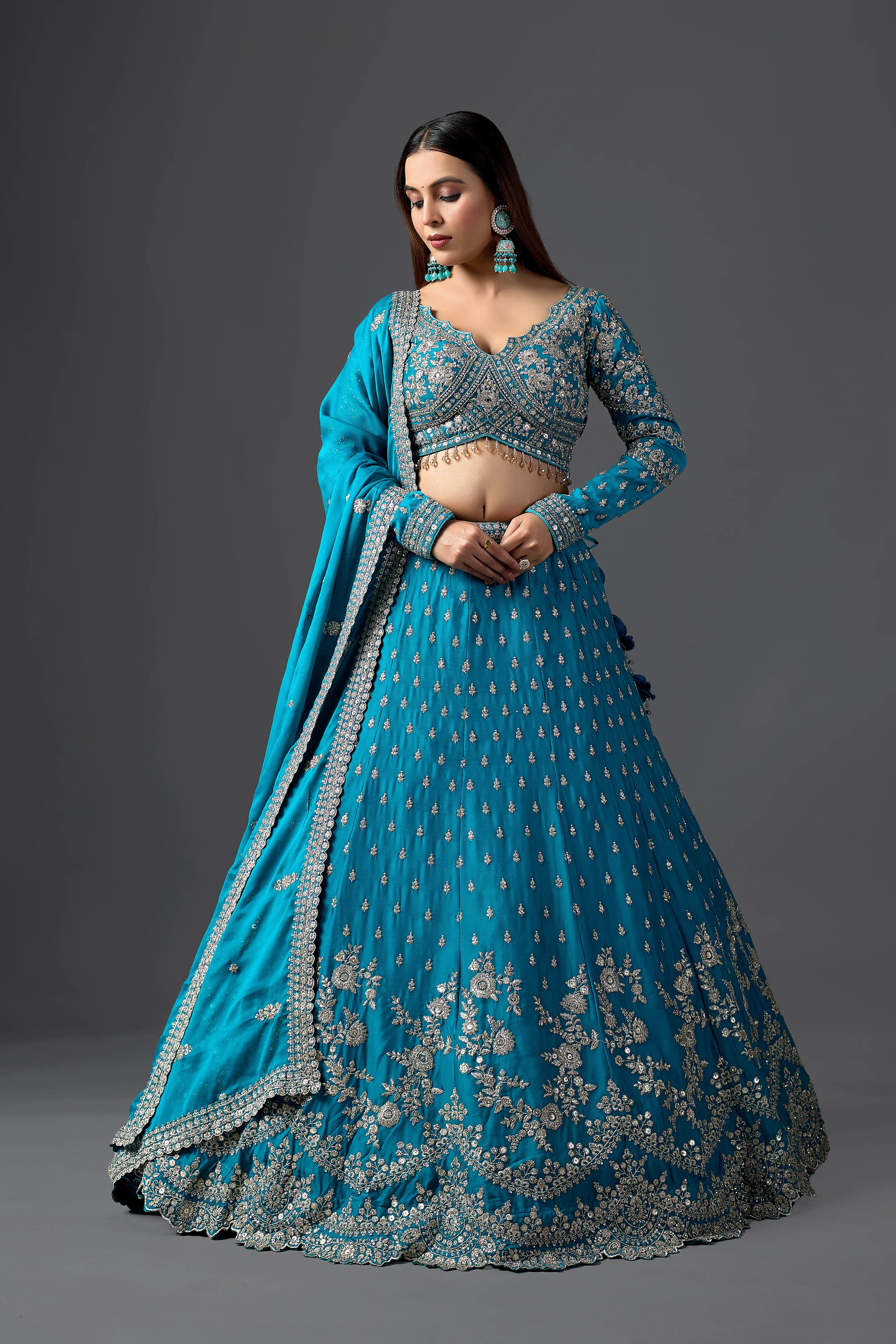 Turquoise Embroidered Georgette Lehenga Choli with Heavy Embroidery Blouse Attached Dupatta And Zari ReshamWork