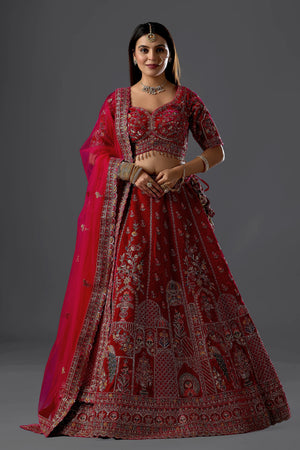 Brick Rani Velvet Bridal Lehenga Set With Aari Work
