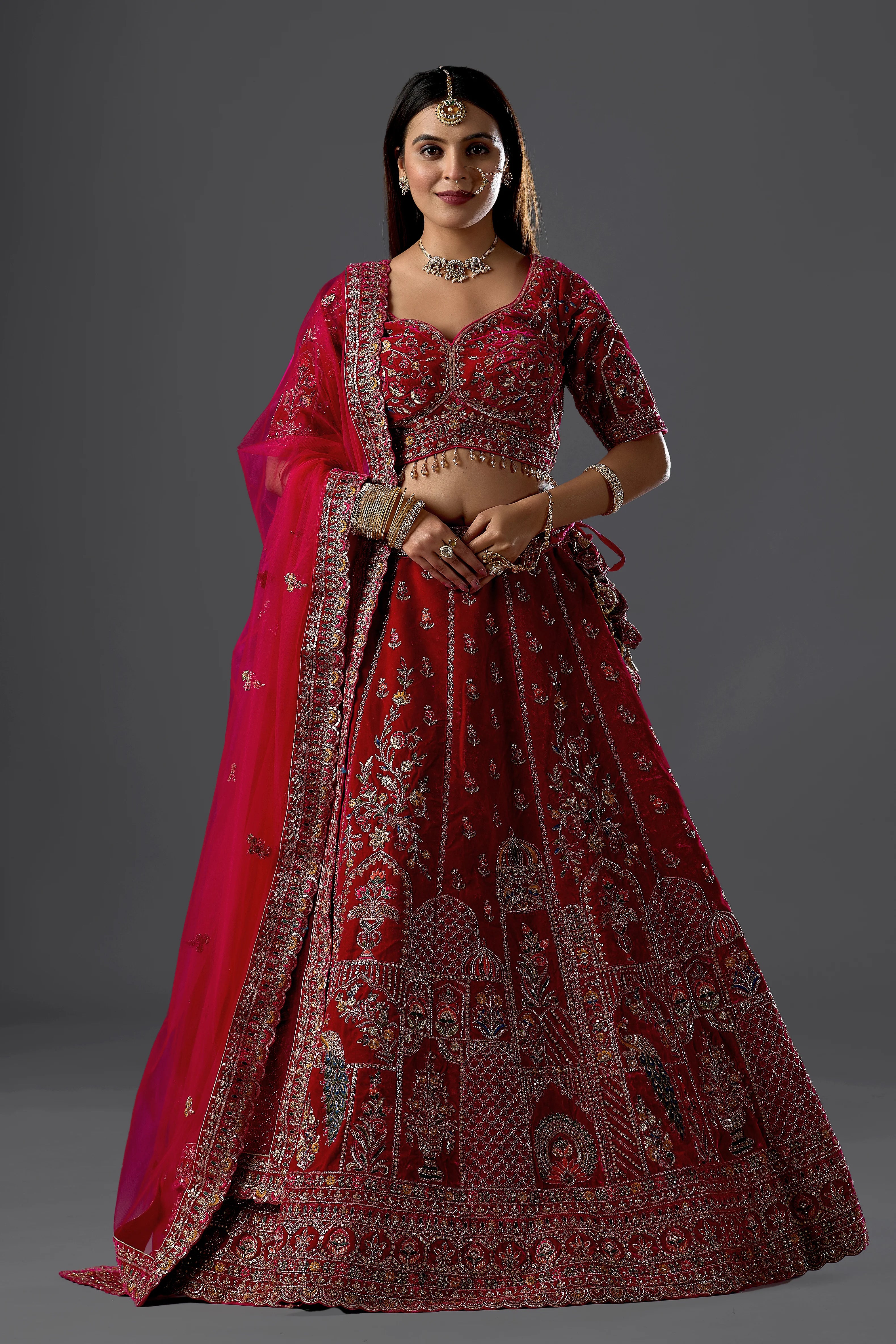 Brick Rani Velvet Bridal Lehenga Set With Aari Work