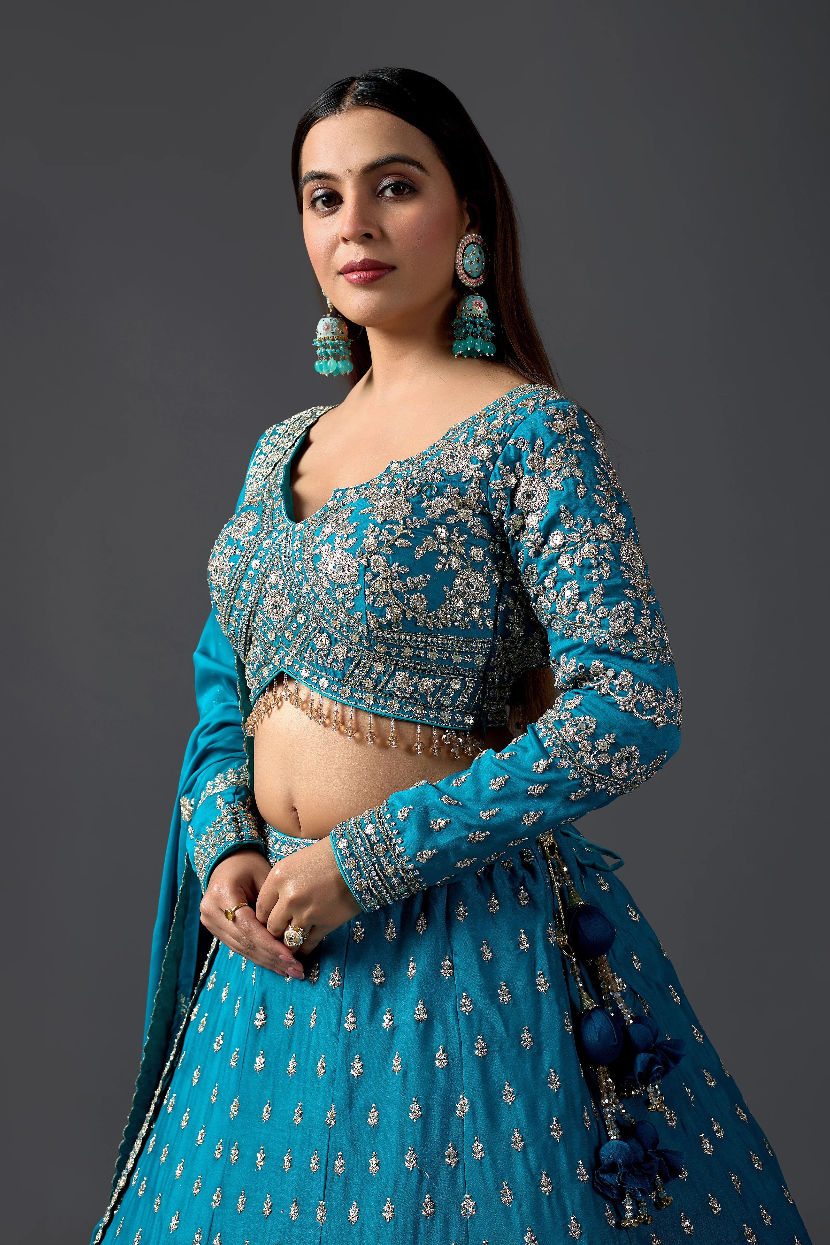 Turquoise Embroidered Georgette Lehenga Choli with Heavy Embroidery Blouse Attached Dupatta And Zari ReshamWork