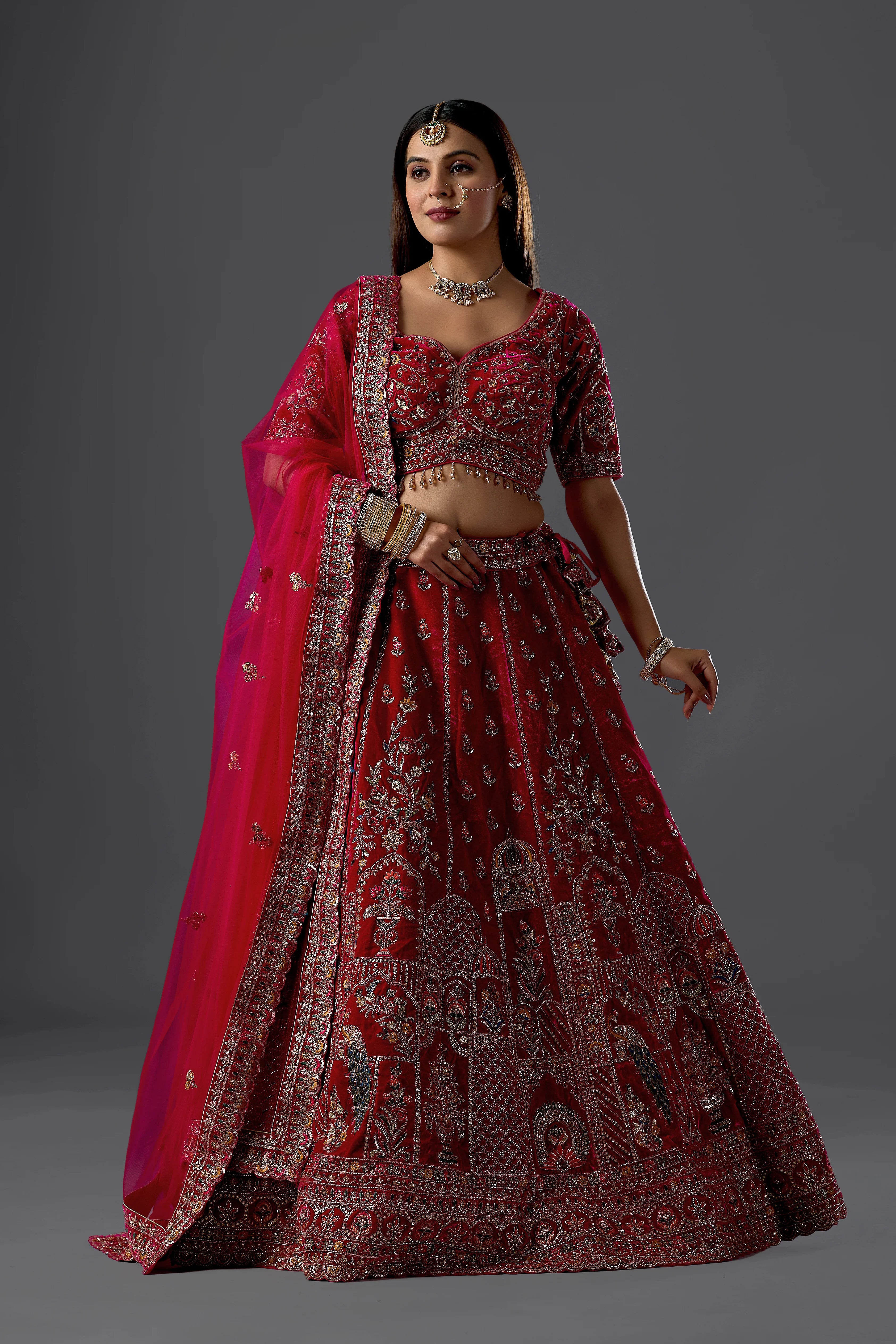 Brick Rani Velvet Bridal Lehenga Set With Aari Work