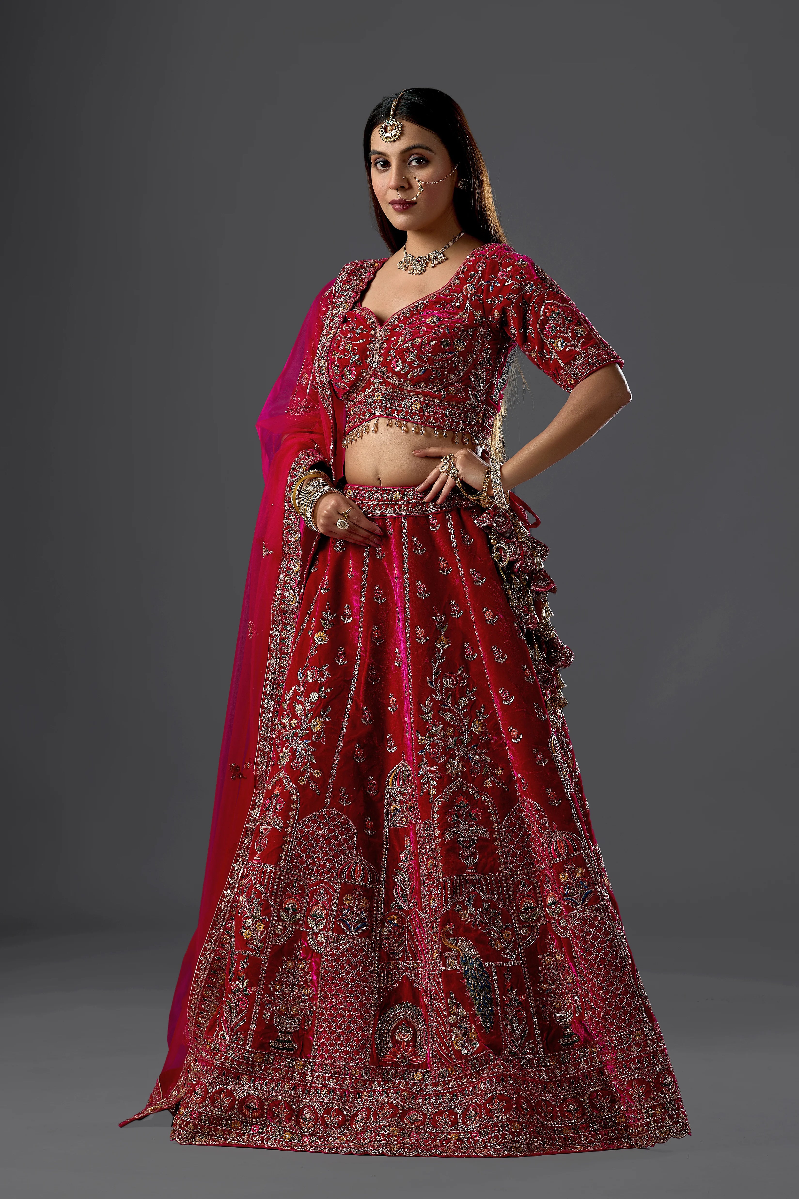 Brick Rani Velvet Bridal Lehenga Set With Aari Work