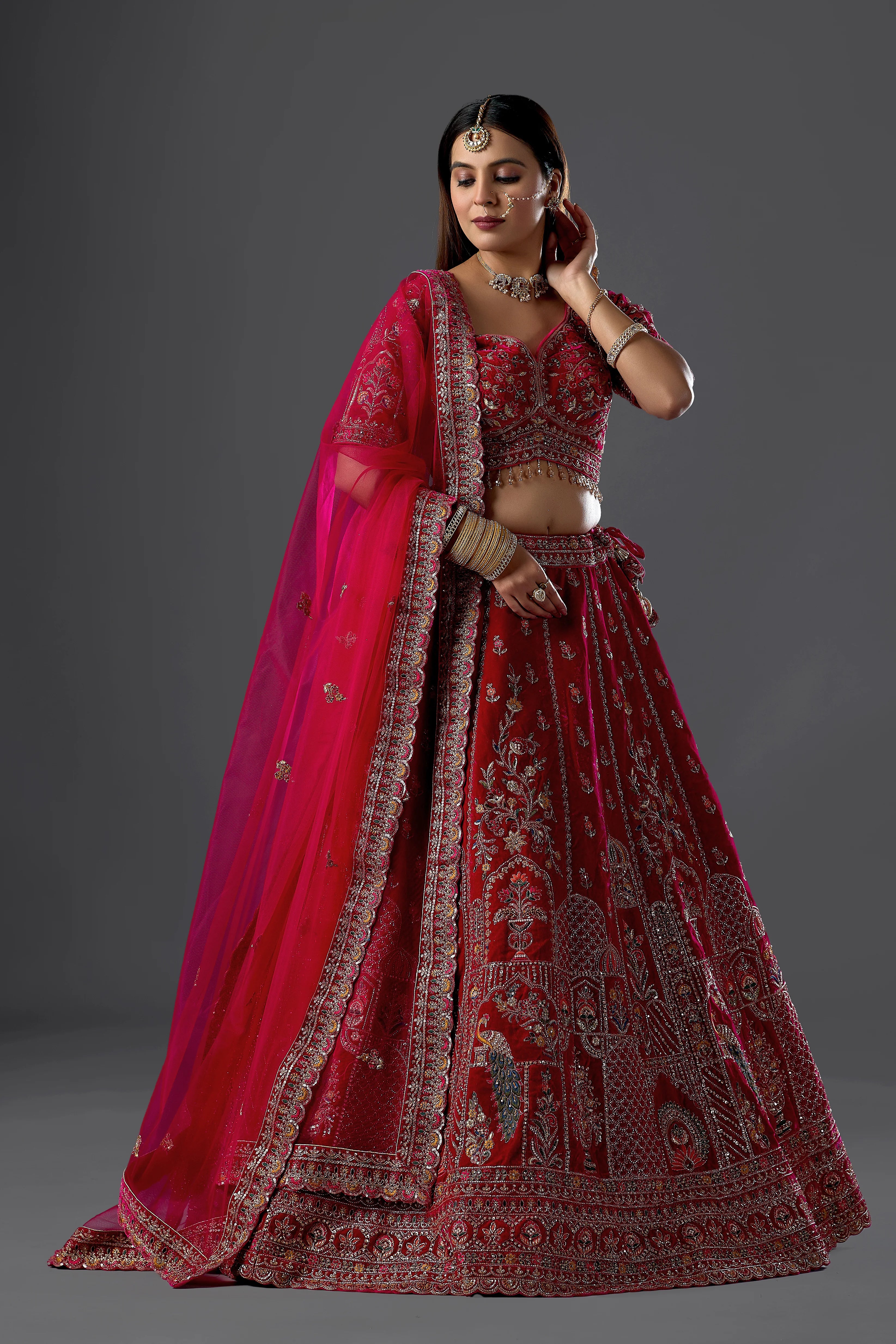 Brick Rani Velvet Bridal Lehenga Set With Aari Work
