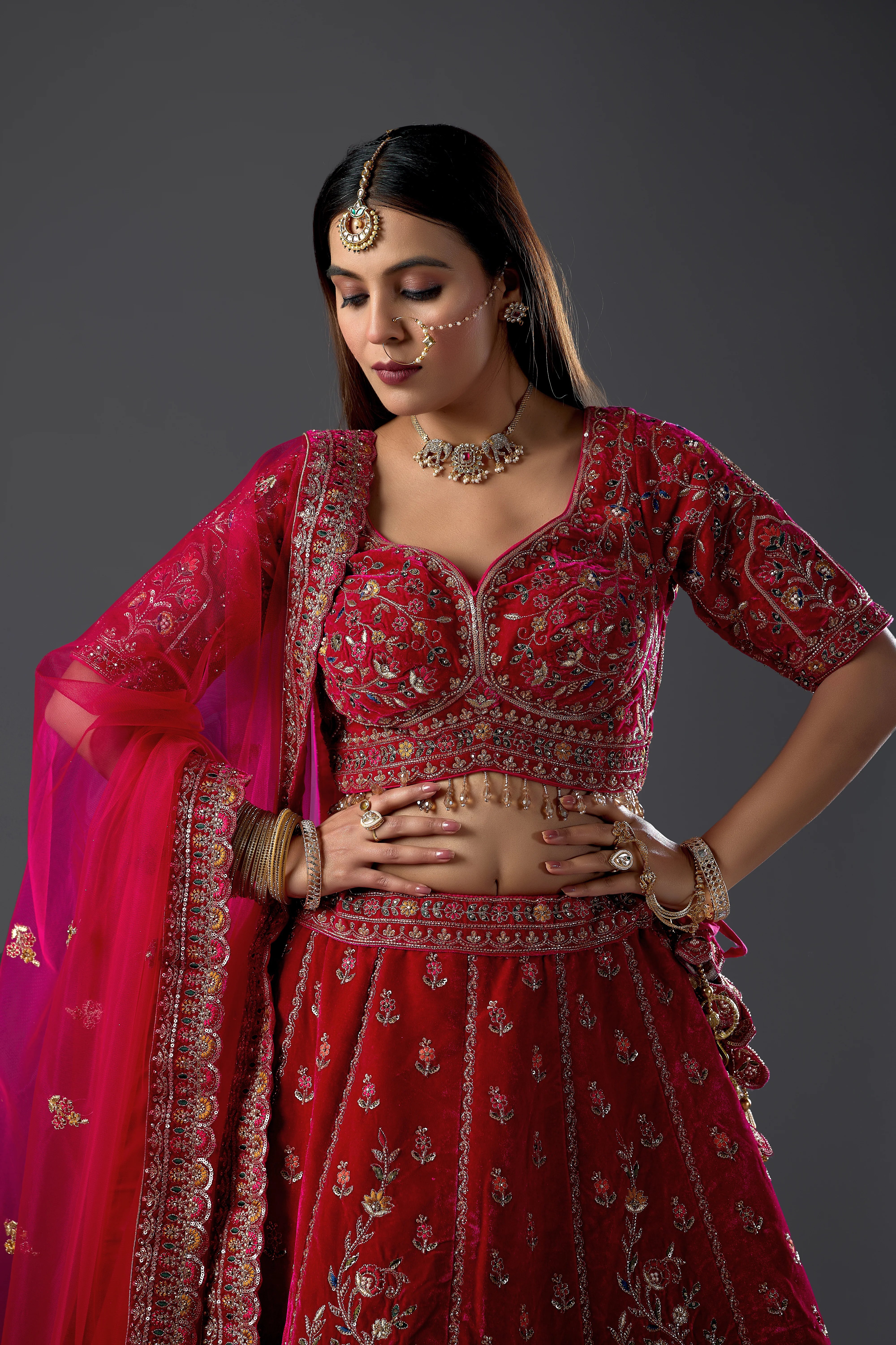 Brick Rani Velvet Bridal Lehenga Set With Aari Work