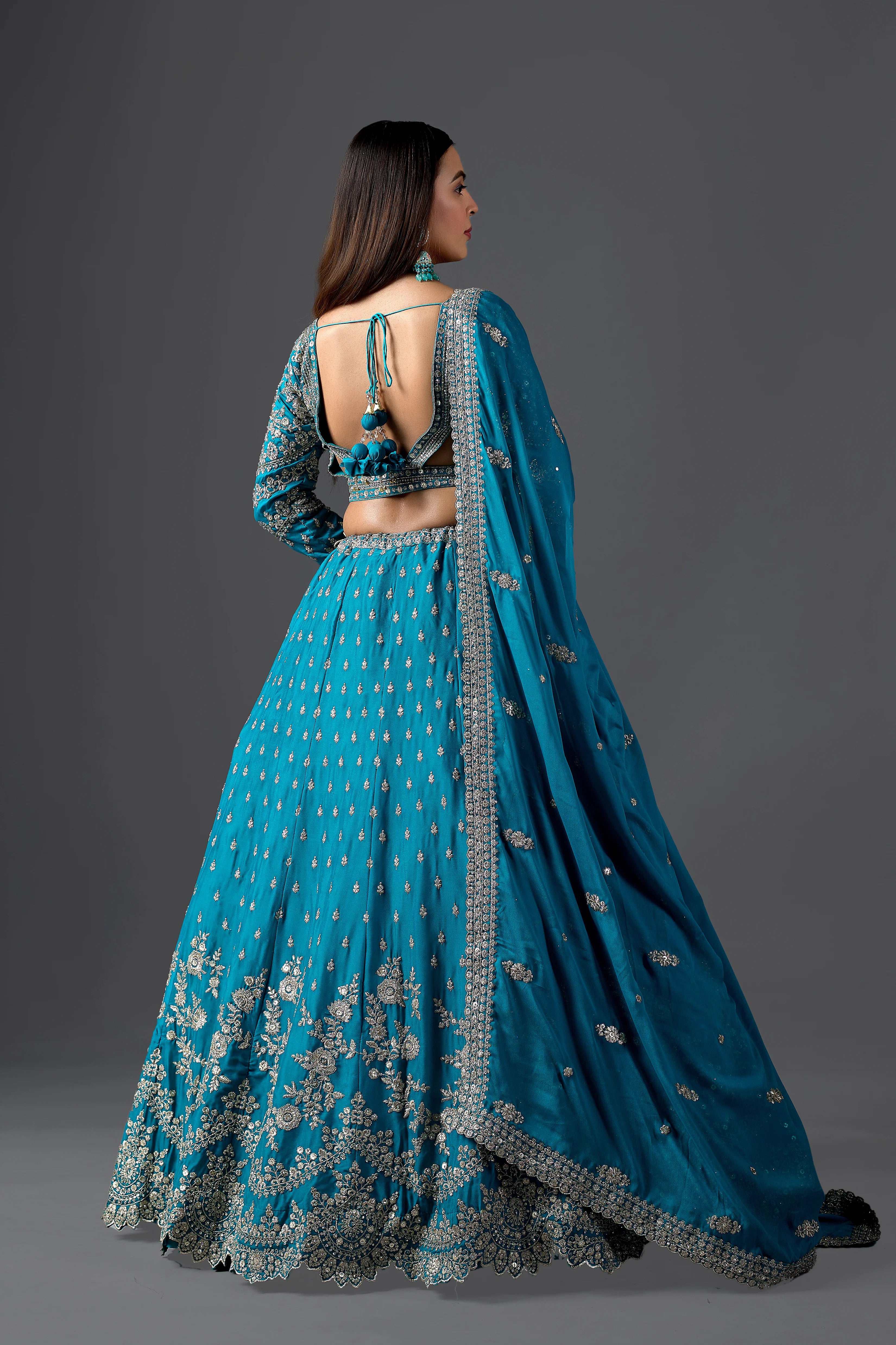 Turquoise Embroidered Georgette Lehenga Choli with Heavy Embroidery Blouse Attached Dupatta And Zari ReshamWork