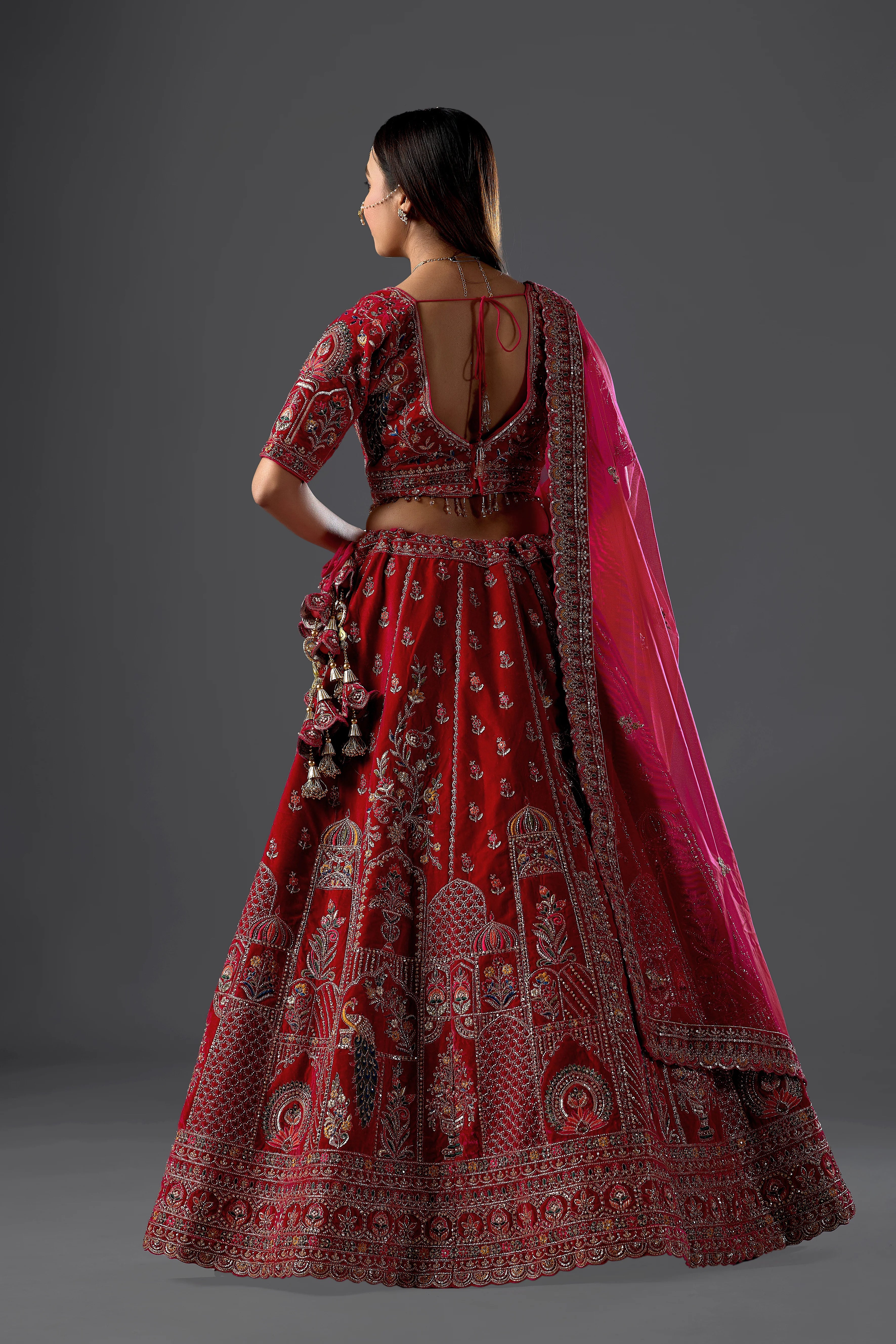Brick Rani Velvet Bridal Lehenga Set With Aari Work