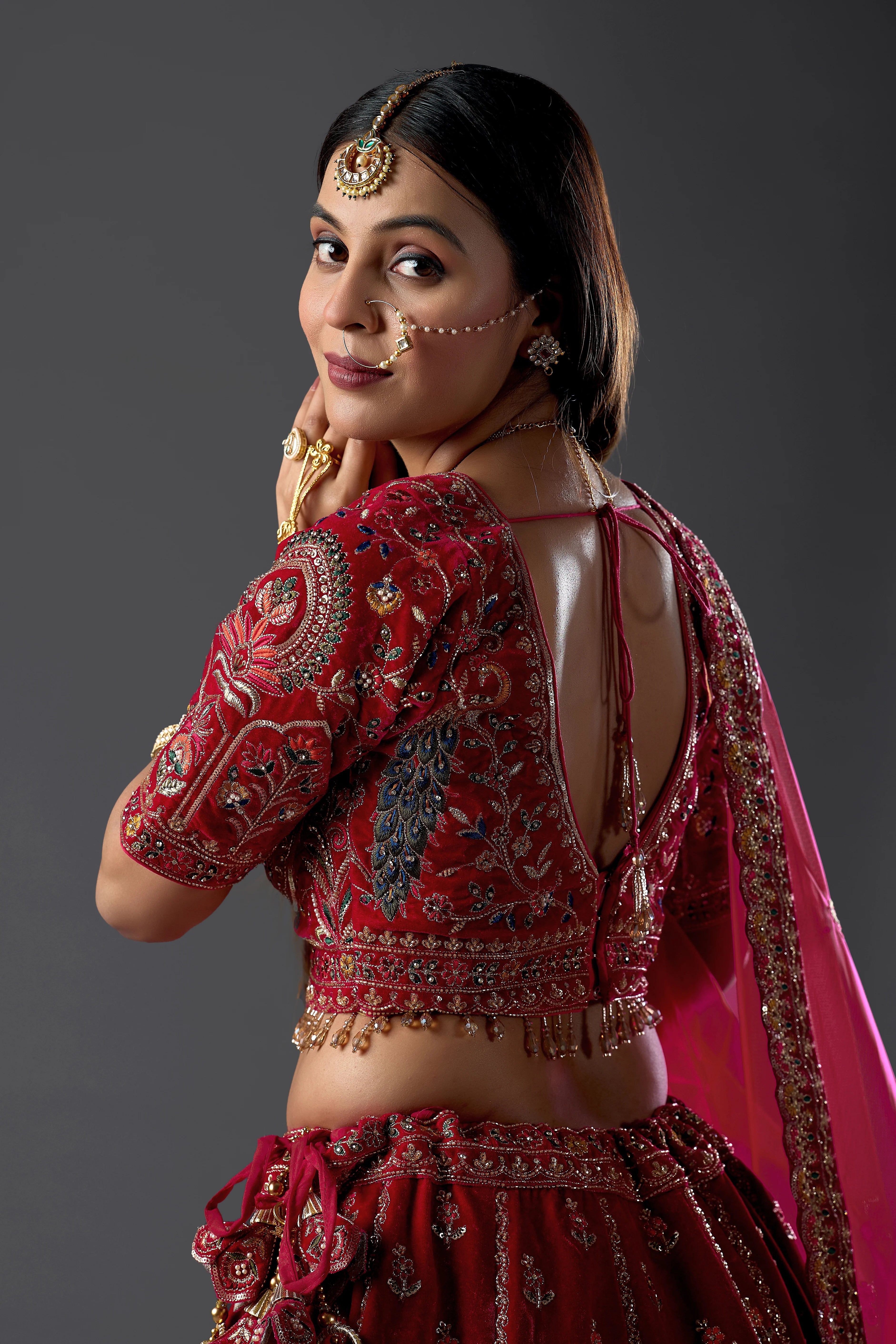 Brick Rani Velvet Bridal Lehenga Set With Aari Work
