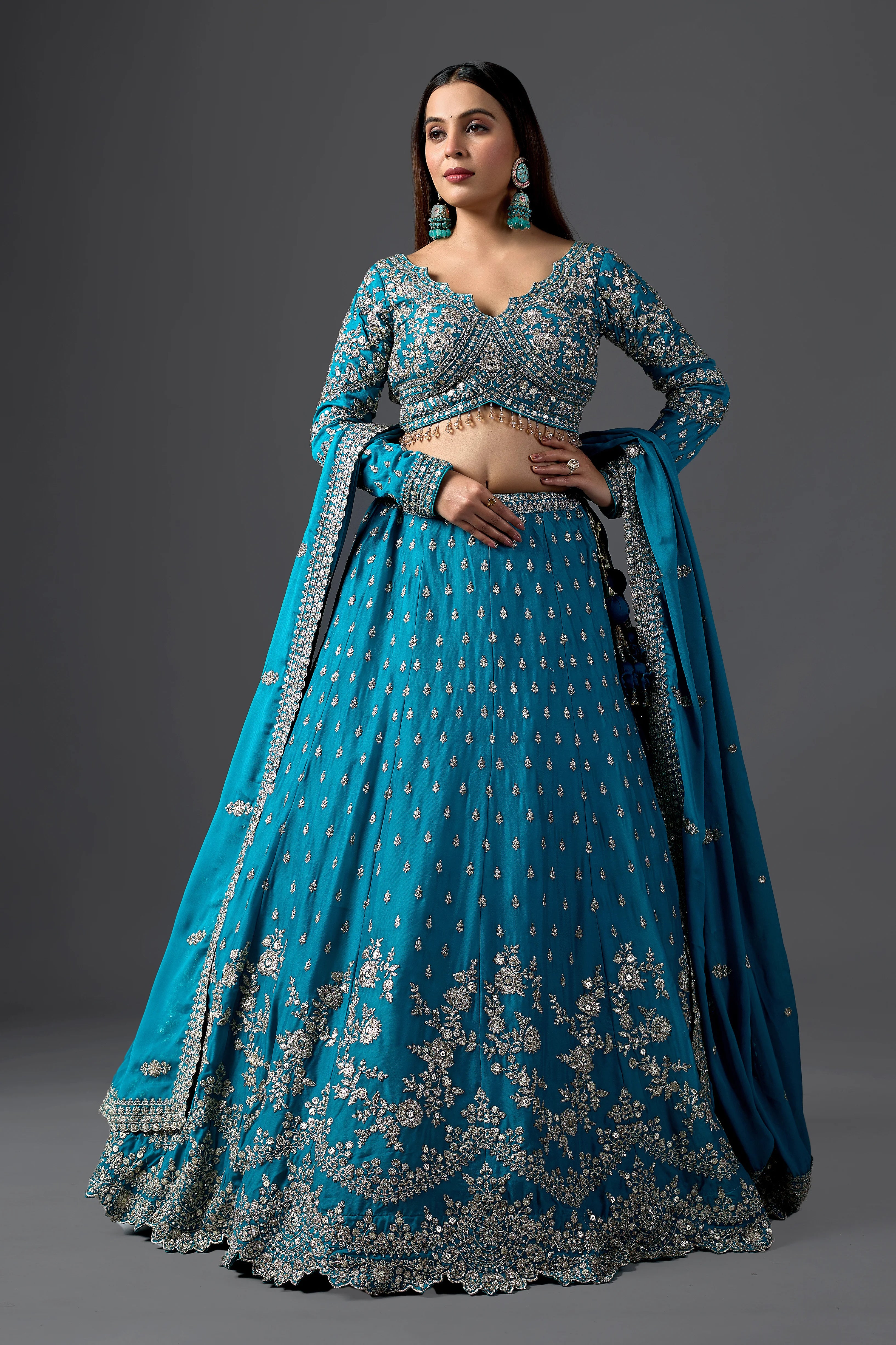 Turquoise Embroidered Georgette Lehenga Choli with Heavy Embroidery Blouse Attached Dupatta And Zari ReshamWork