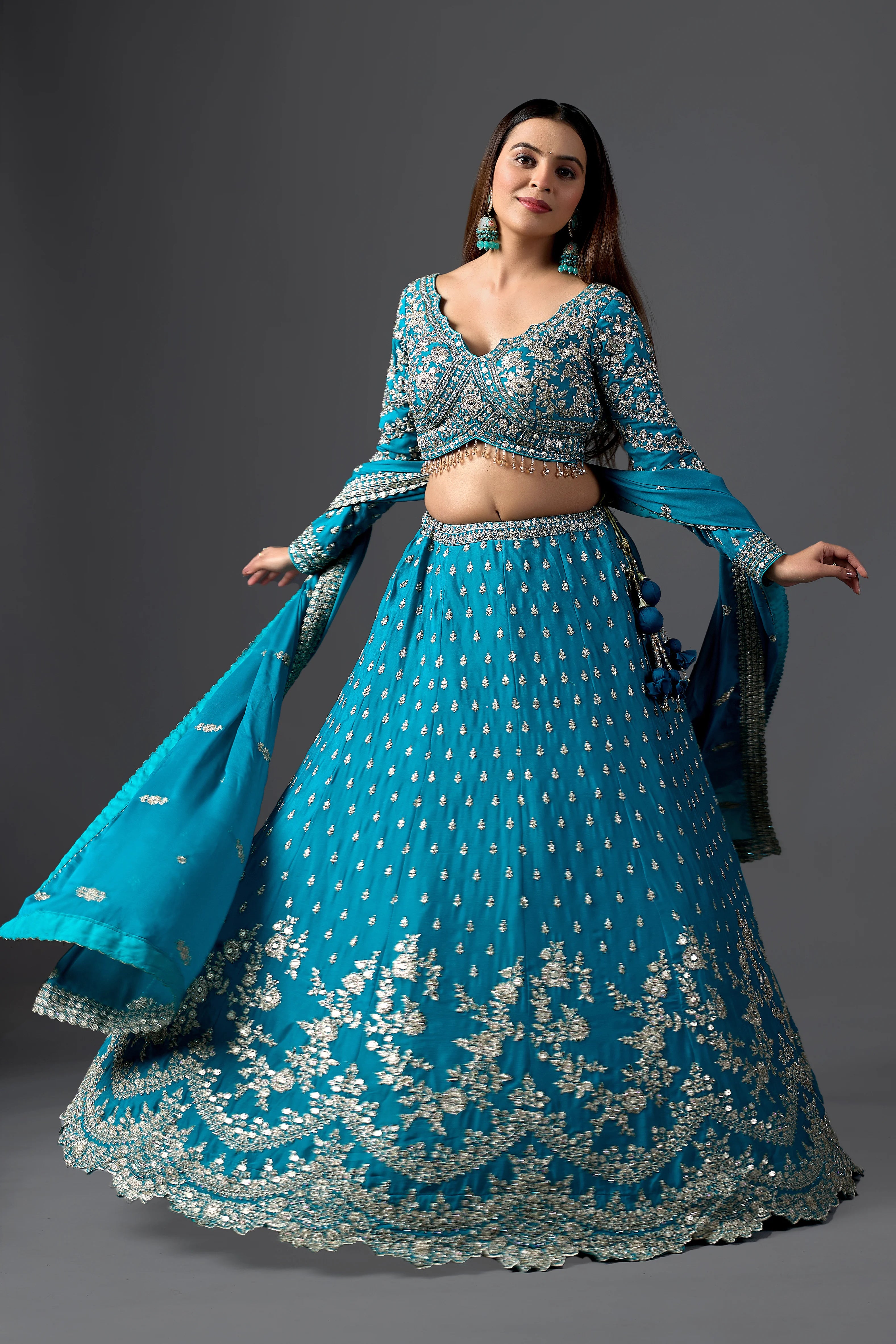 Turquoise Embroidered Georgette Lehenga Choli with Heavy Embroidery Blouse Attached Dupatta And Zari ReshamWork