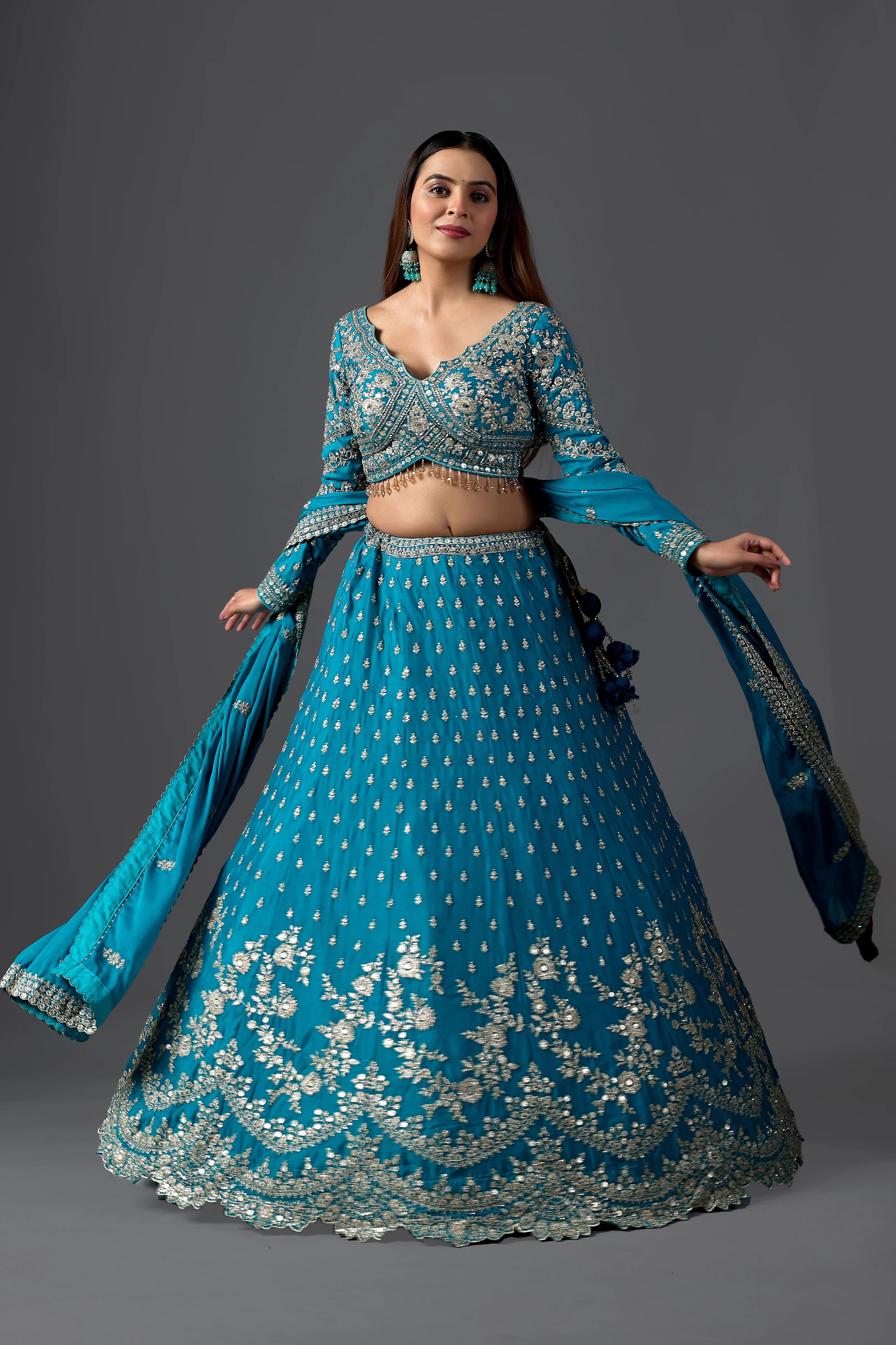 Turquoise Embroidered Georgette Lehenga Choli with Heavy Embroidery Blouse Attached Dupatta And Zari ReshamWork