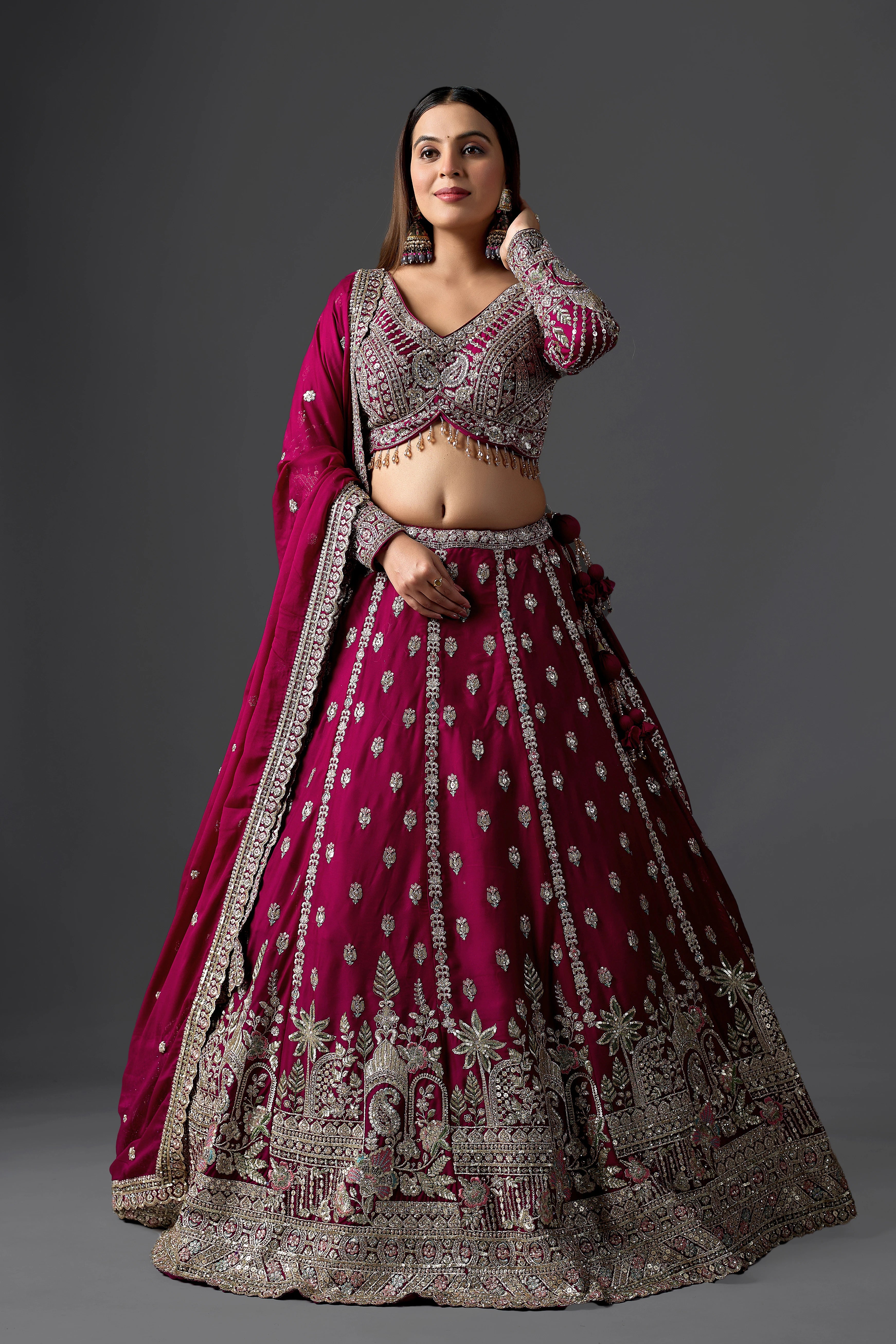 Ruby Wine Georgette Lehenga Set With Ornate Zari Border & Handcrafted Blouse