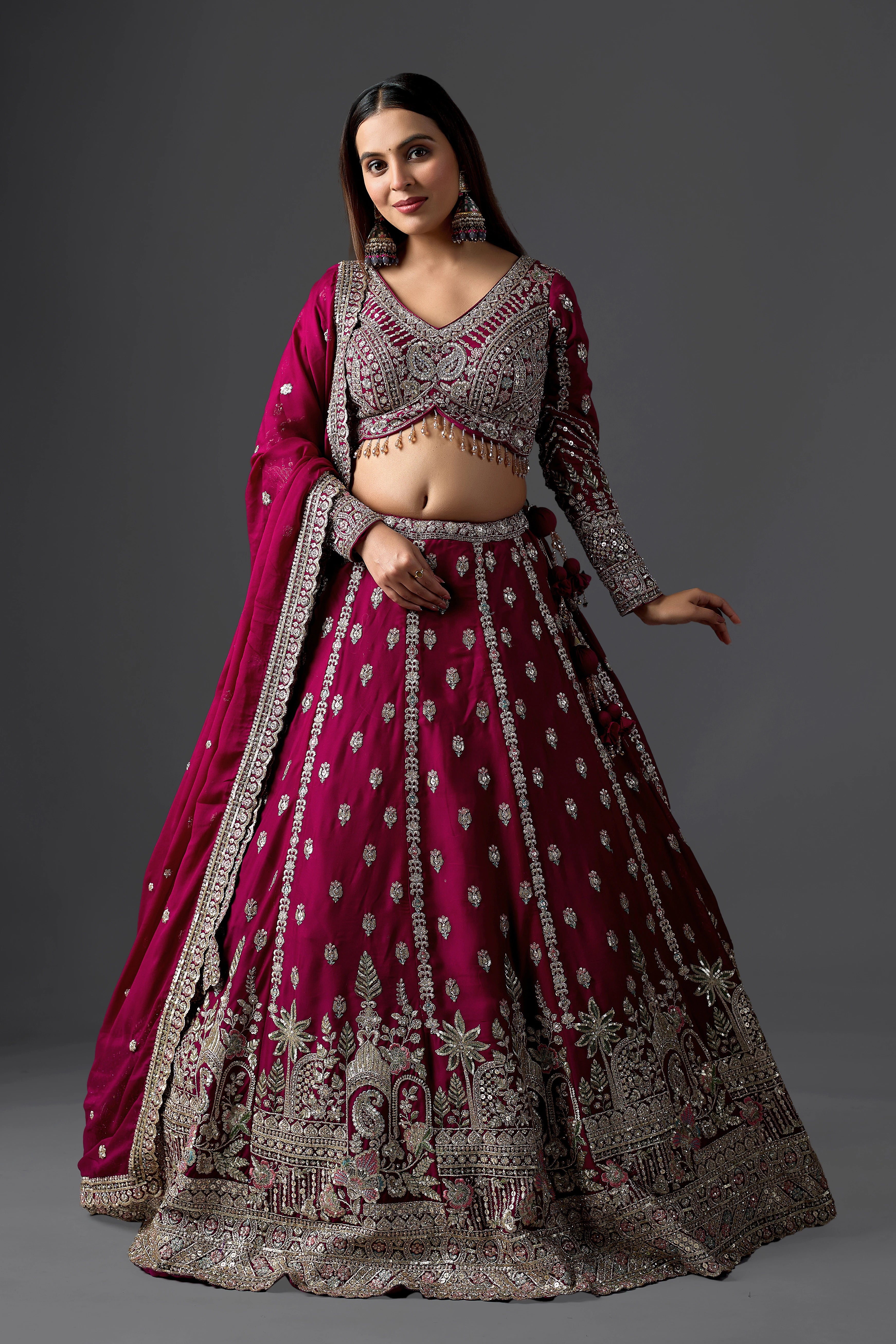 Ruby Wine Georgette Lehenga Set With Ornate Zari Border & Handcrafted Blouse