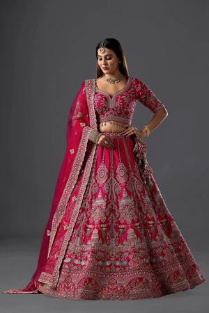 Magenta Pink Raw Silk Dori Embroidered Bridal Lehenga with Curve V Neck Blouse