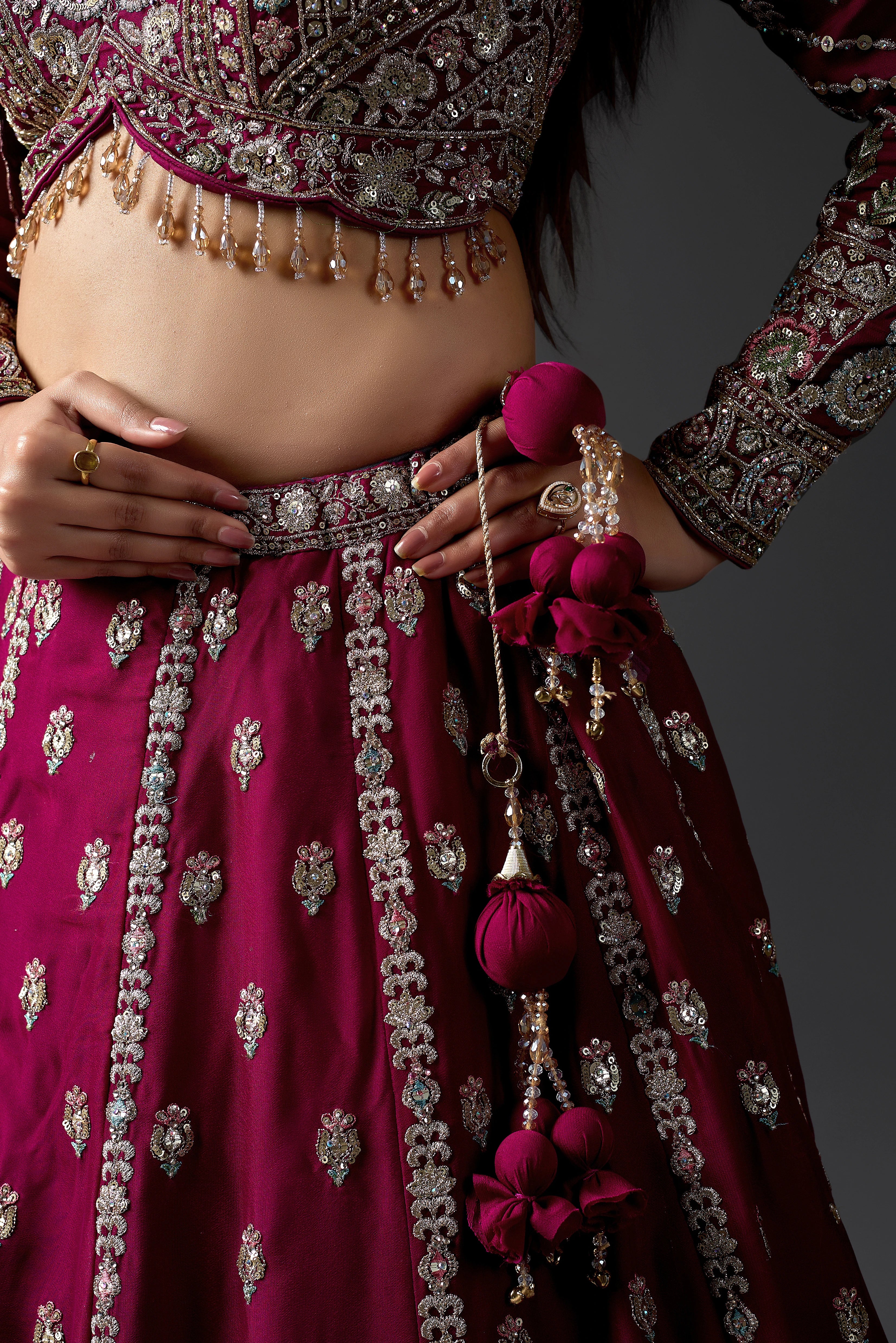 Ruby Wine Georgette Lehenga Set With Ornate Zari Border & Handcrafted Blouse