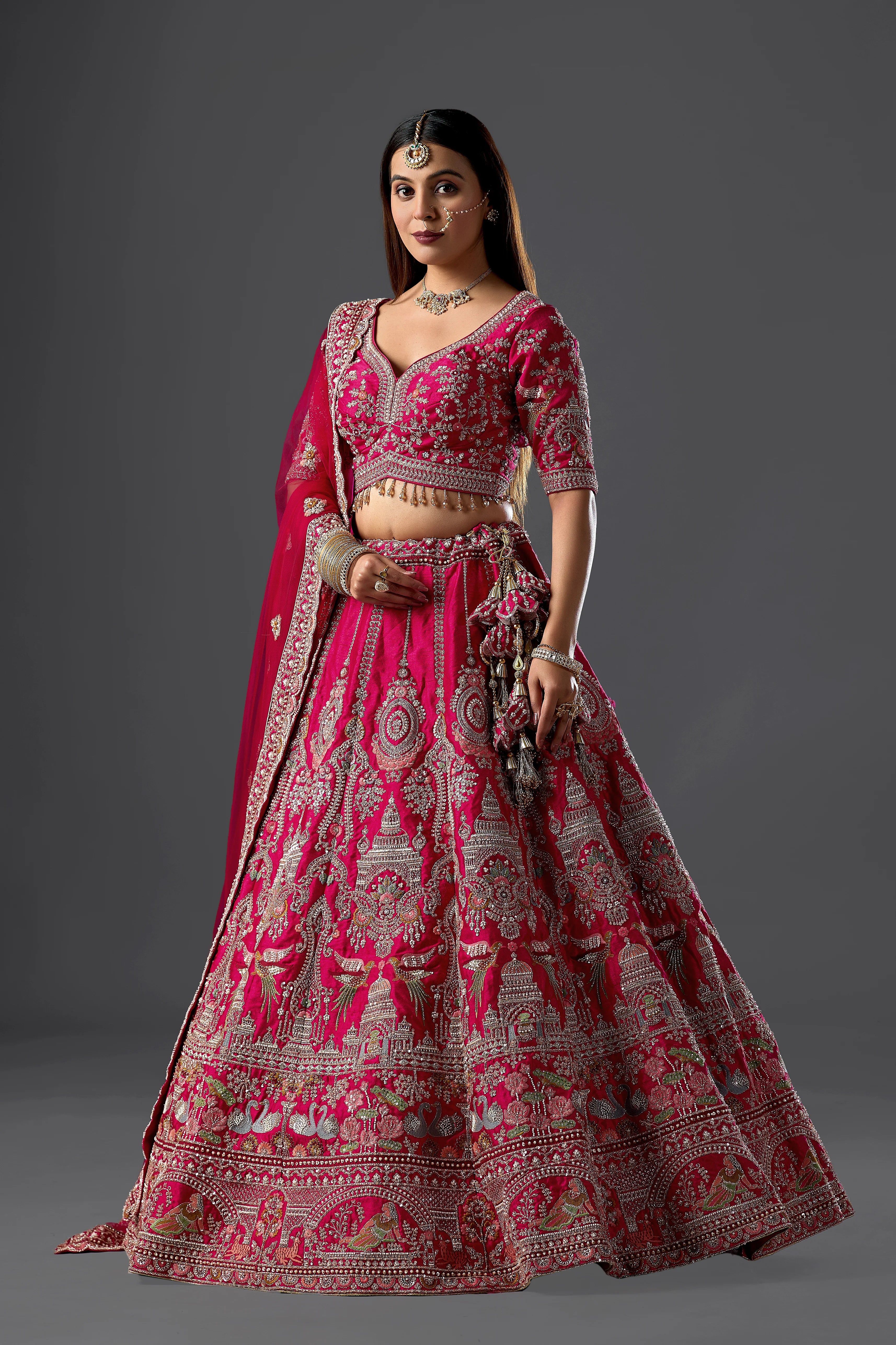 Magenta Pink Raw Silk Dori Embroidered Bridal Lehenga with Curve V Neck Blouse