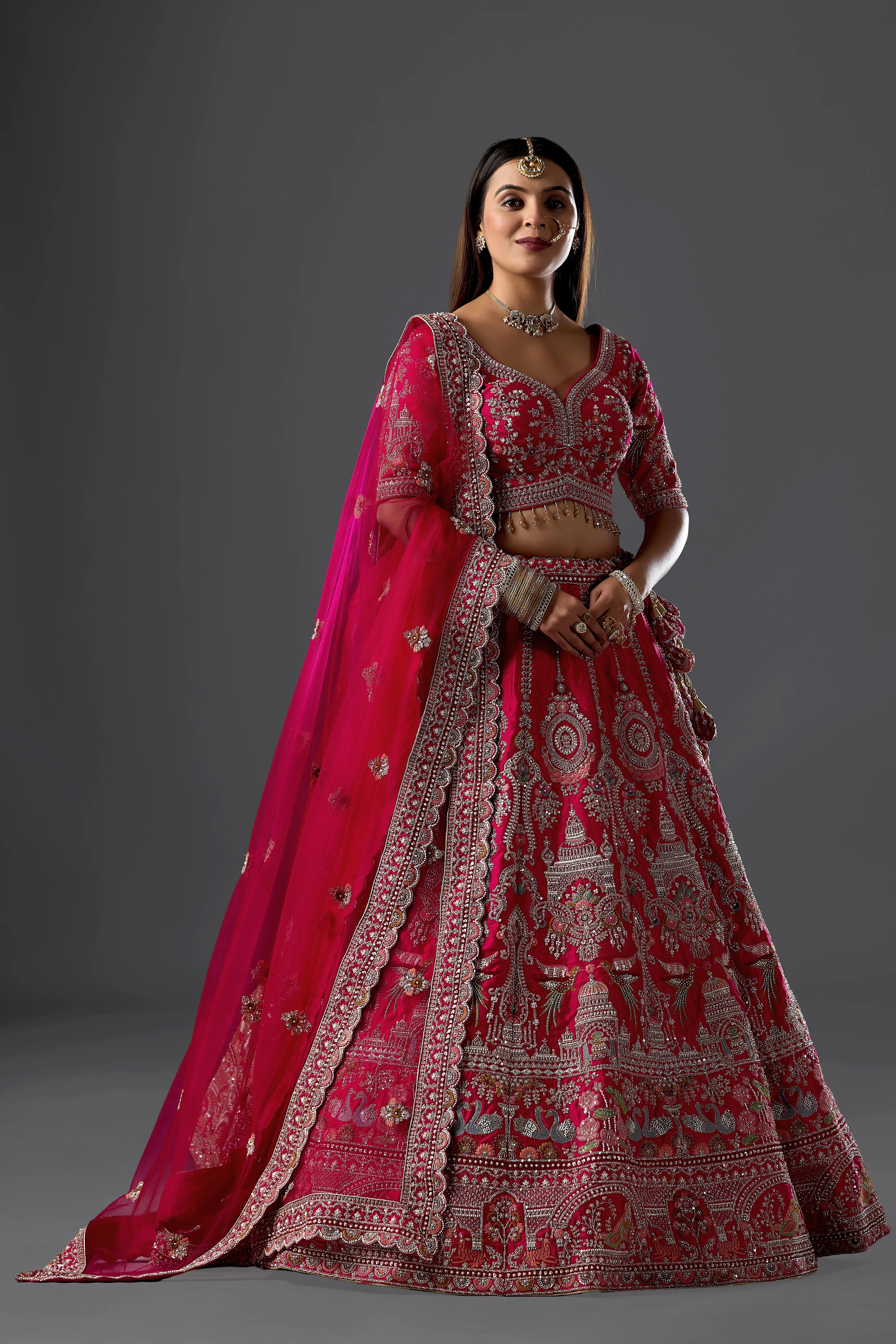 Magenta Pink Raw Silk Dori Embroidered Bridal Lehenga with Curve V Neck Blouse