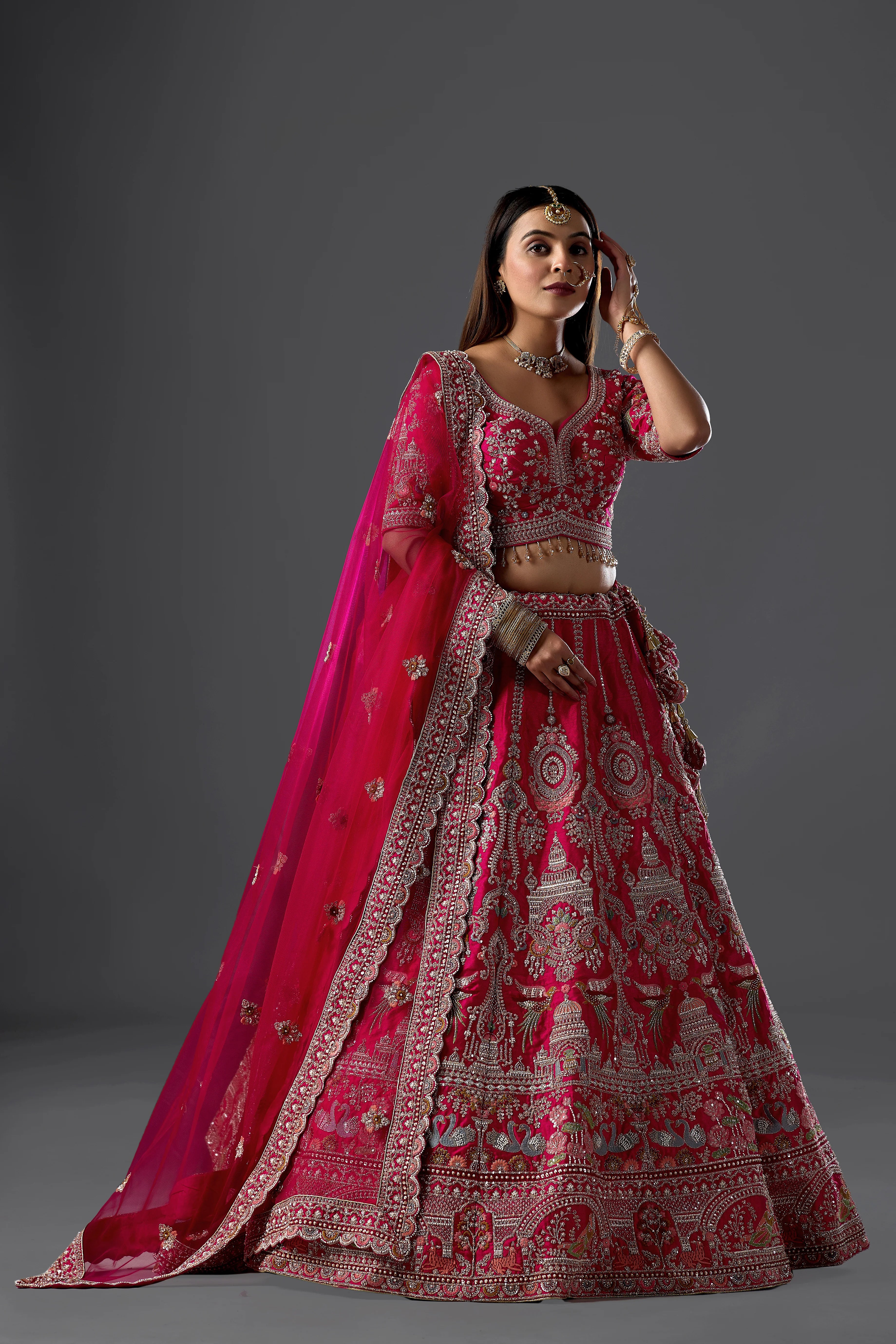 Magenta Pink Raw Silk Dori Embroidered Bridal Lehenga with Curve V Neck Blouse