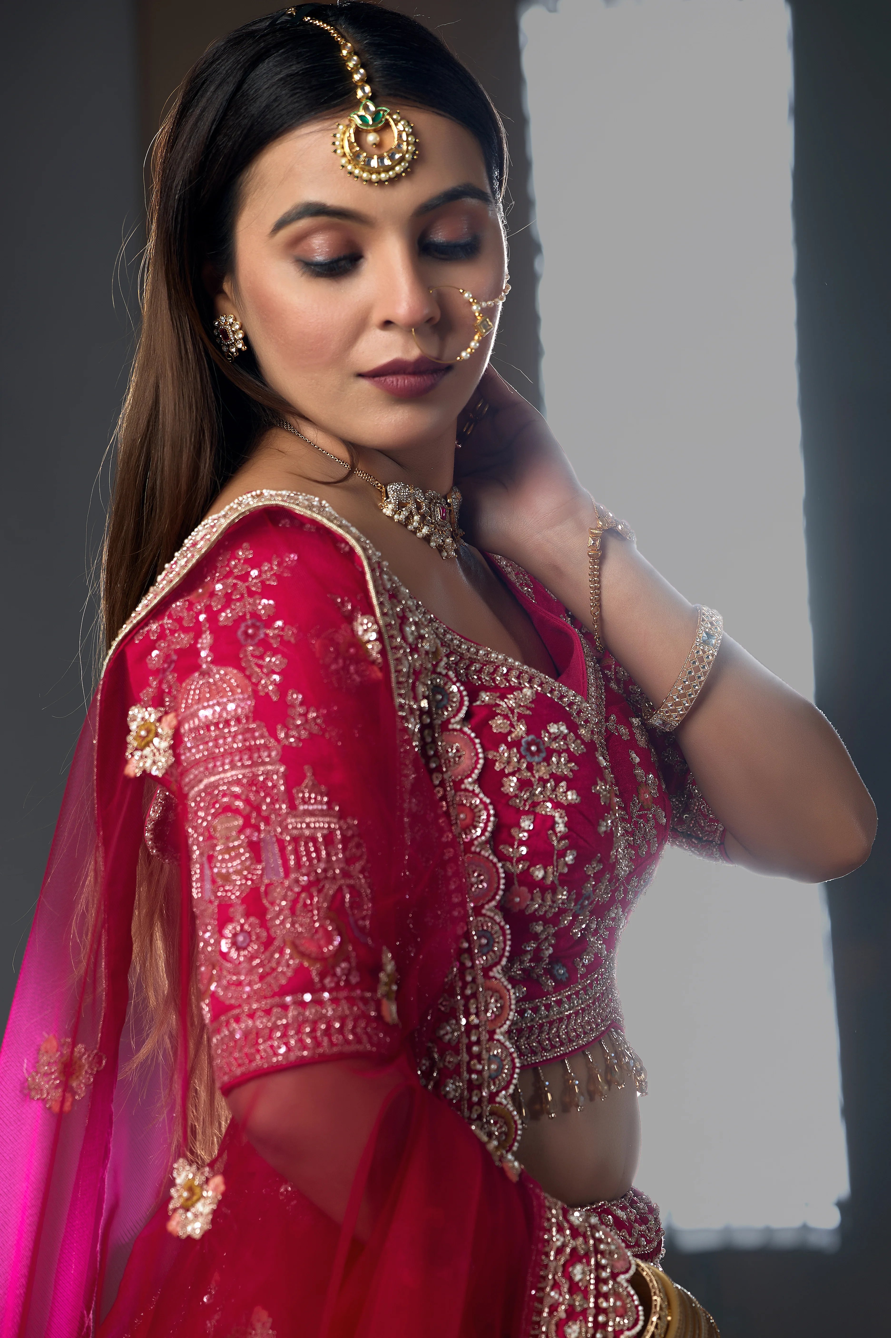 Magenta Pink Raw Silk Dori Embroidered Bridal Lehenga with Curve V Neck Blouse