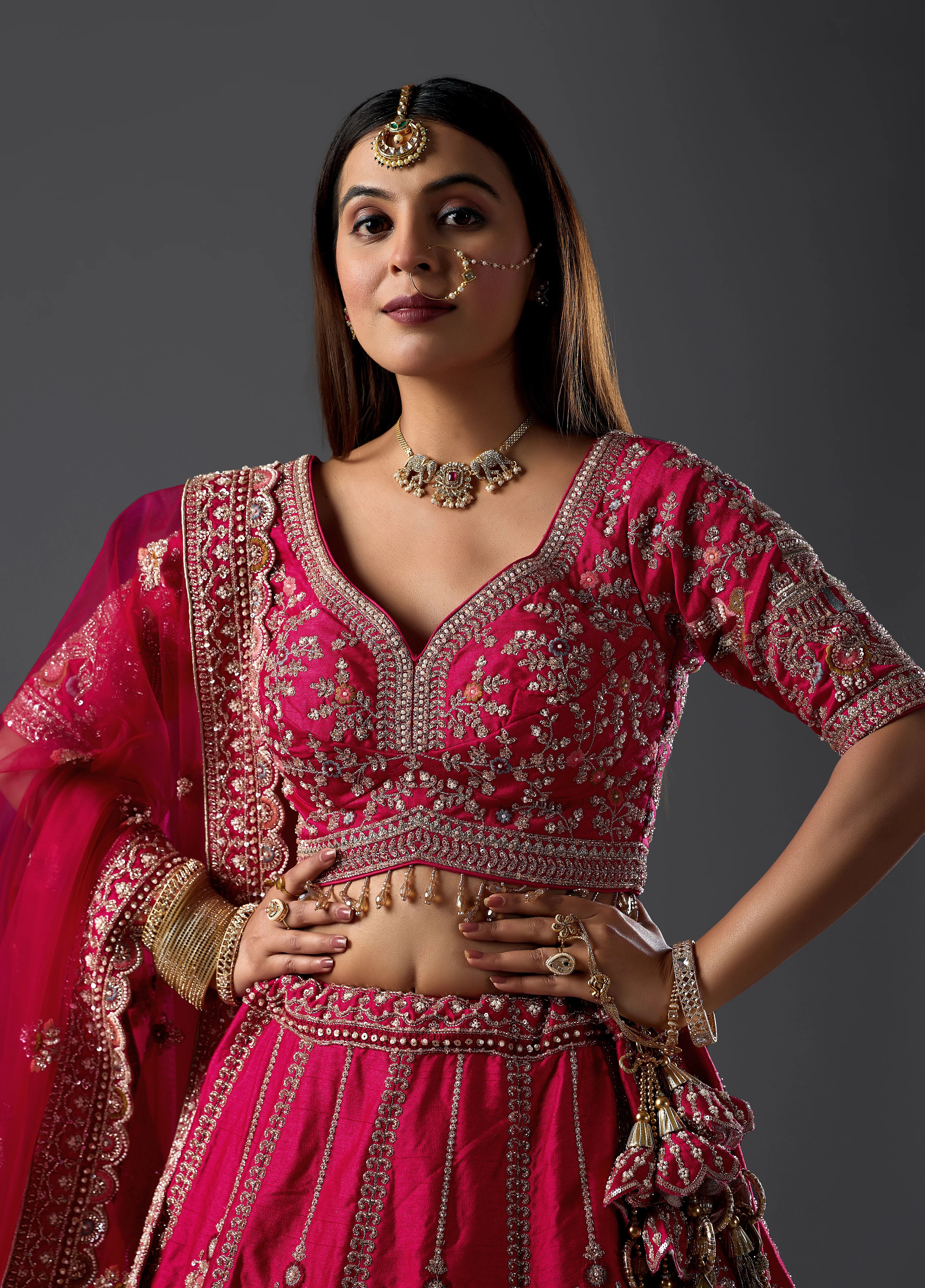 Magenta Pink Raw Silk Dori Embroidered Bridal Lehenga with Curve V Neck Blouse