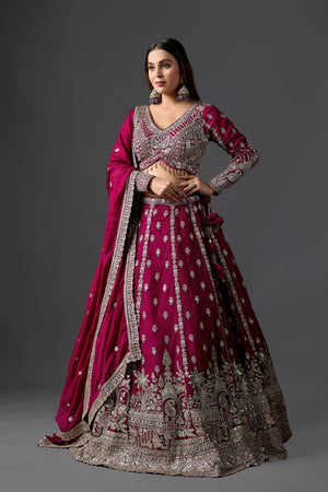Ruby Wine Georgette Lehenga Set With Ornate Zari Border & Handcrafted Blouse