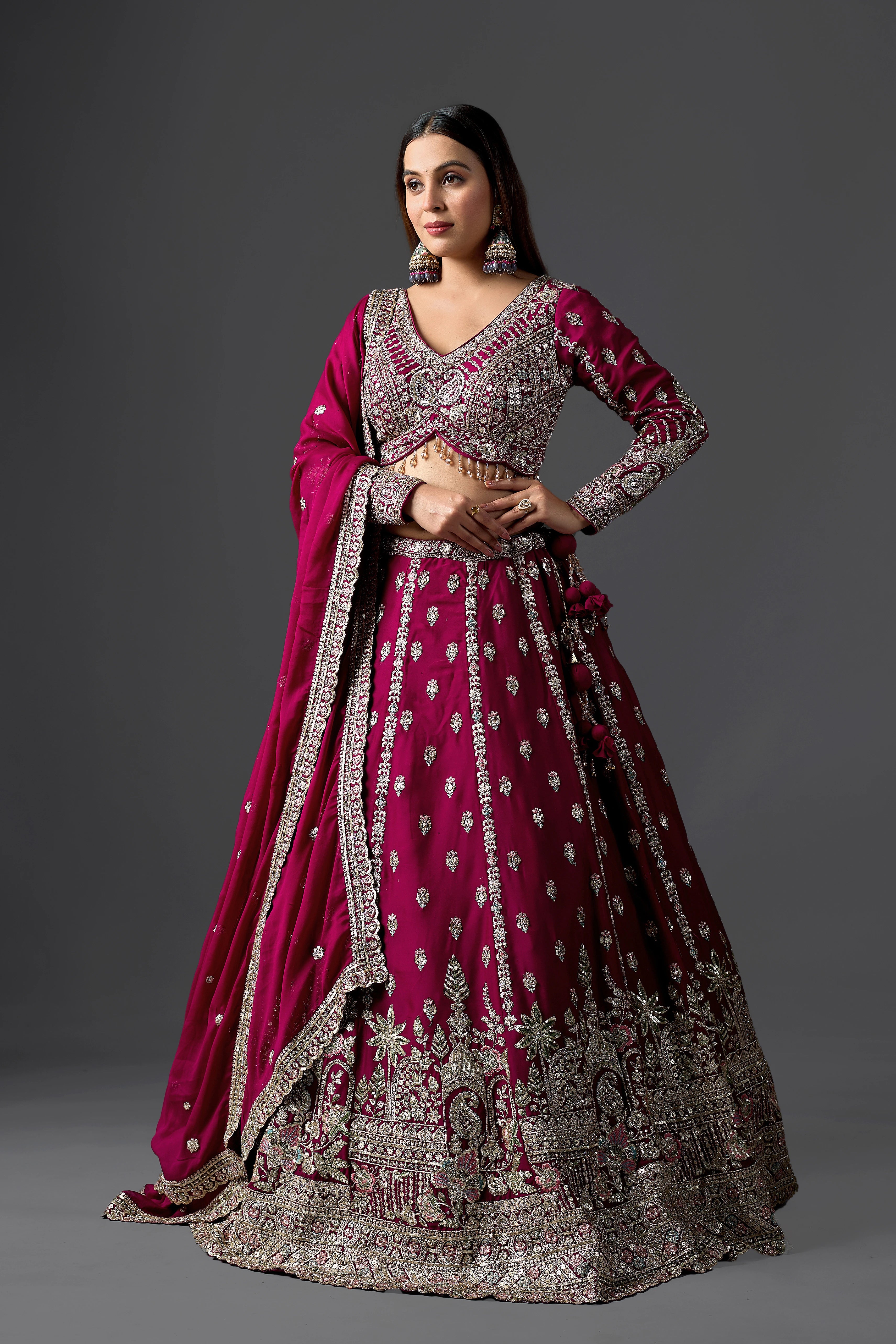 Ruby Wine Georgette Lehenga Set With Ornate Zari Border & Handcrafted Blouse