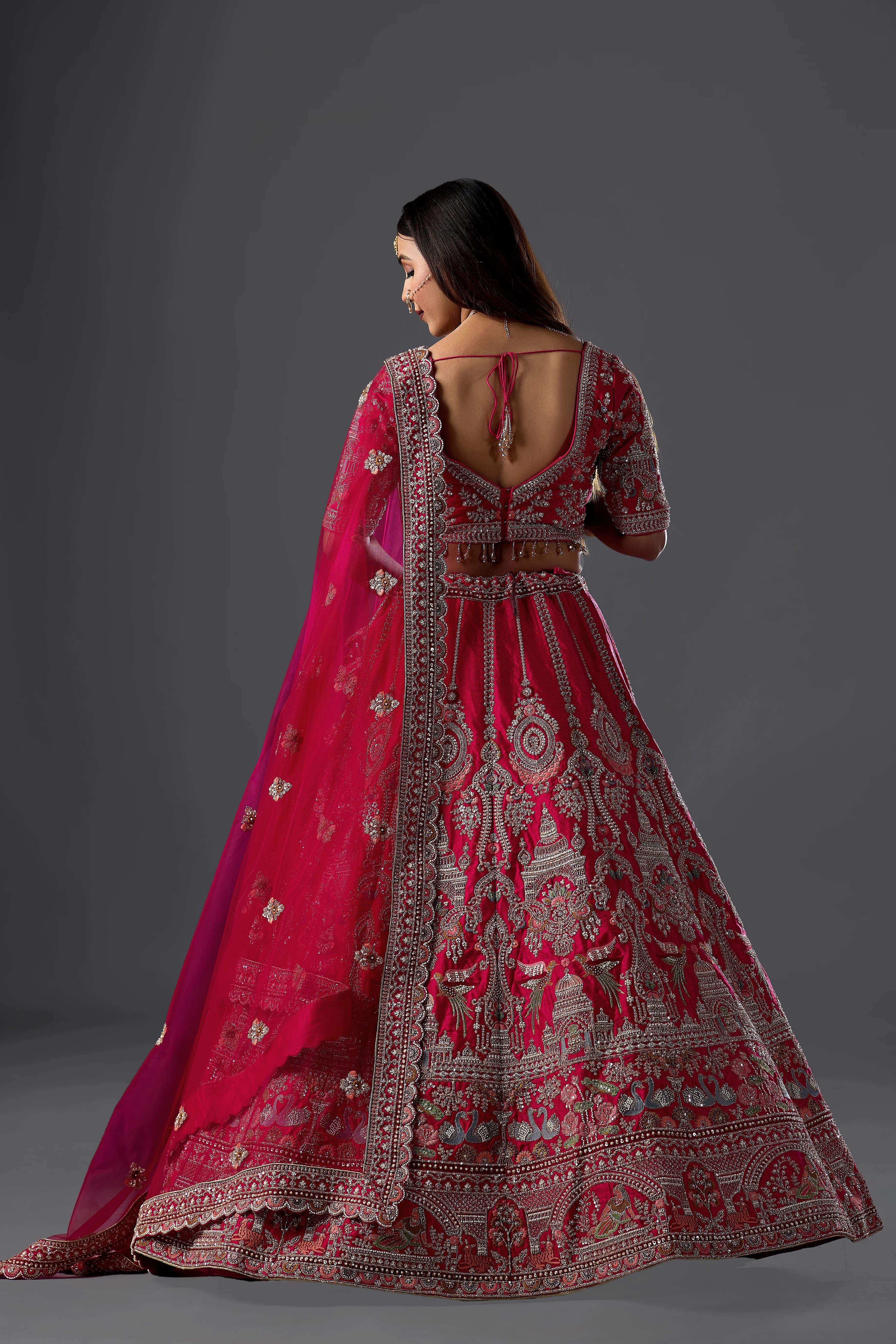 Magenta Pink Raw Silk Dori Embroidered Bridal Lehenga with Curve V Neck Blouse