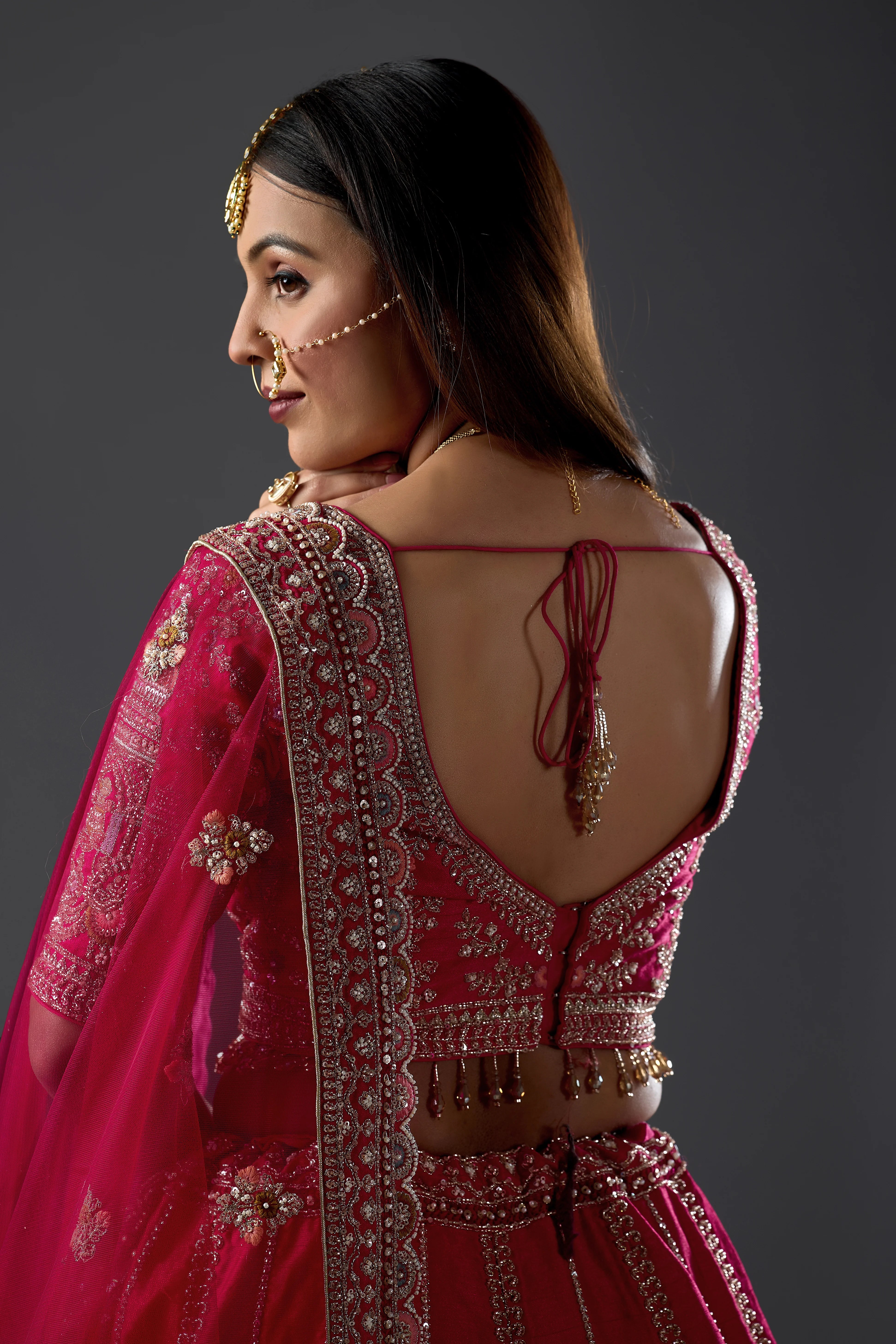 Magenta Pink Raw Silk Dori Embroidered Bridal Lehenga with Curve V Neck Blouse