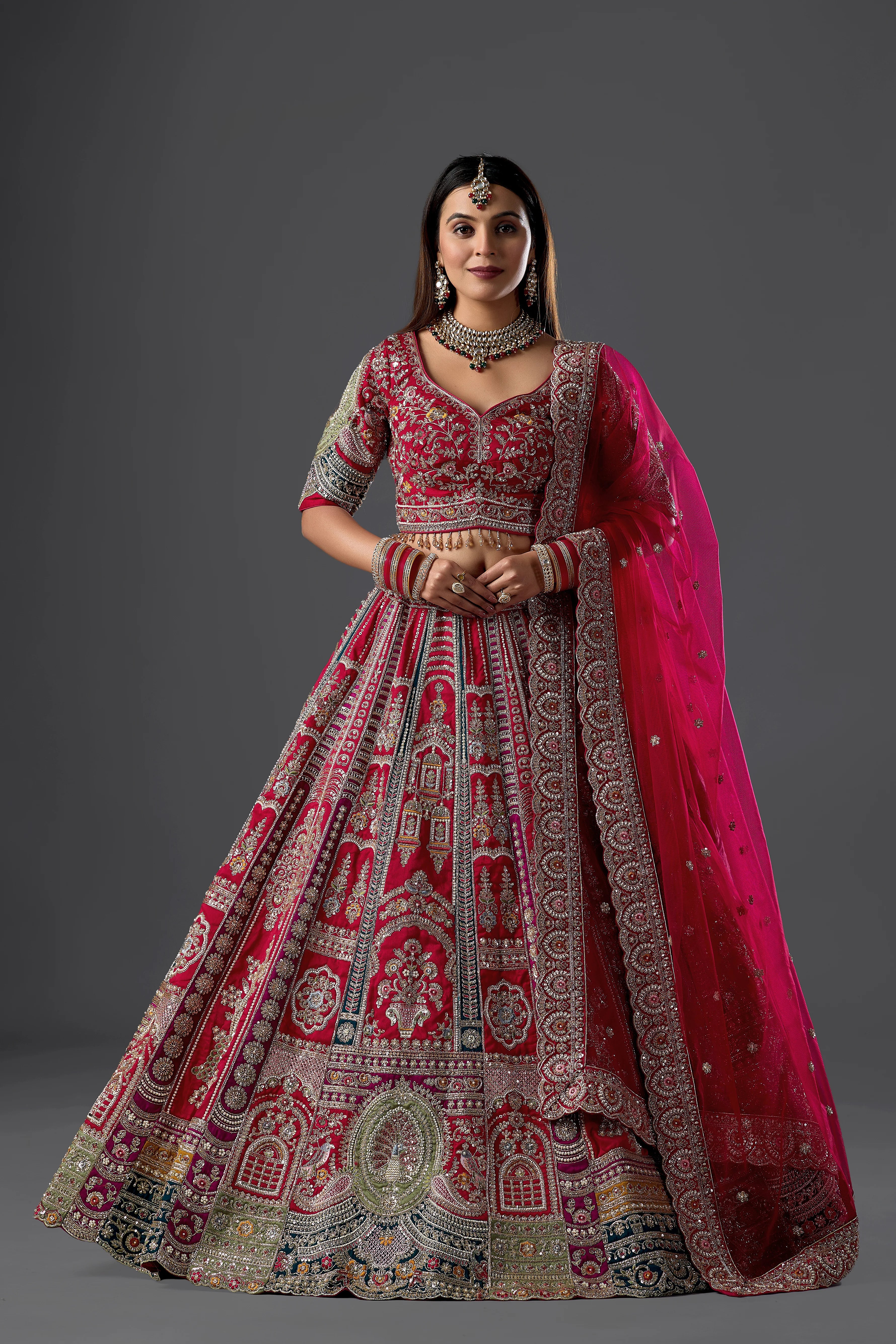 Maroon Raw Silk Hand & Machine Embroidered Bridal Lehenga Set