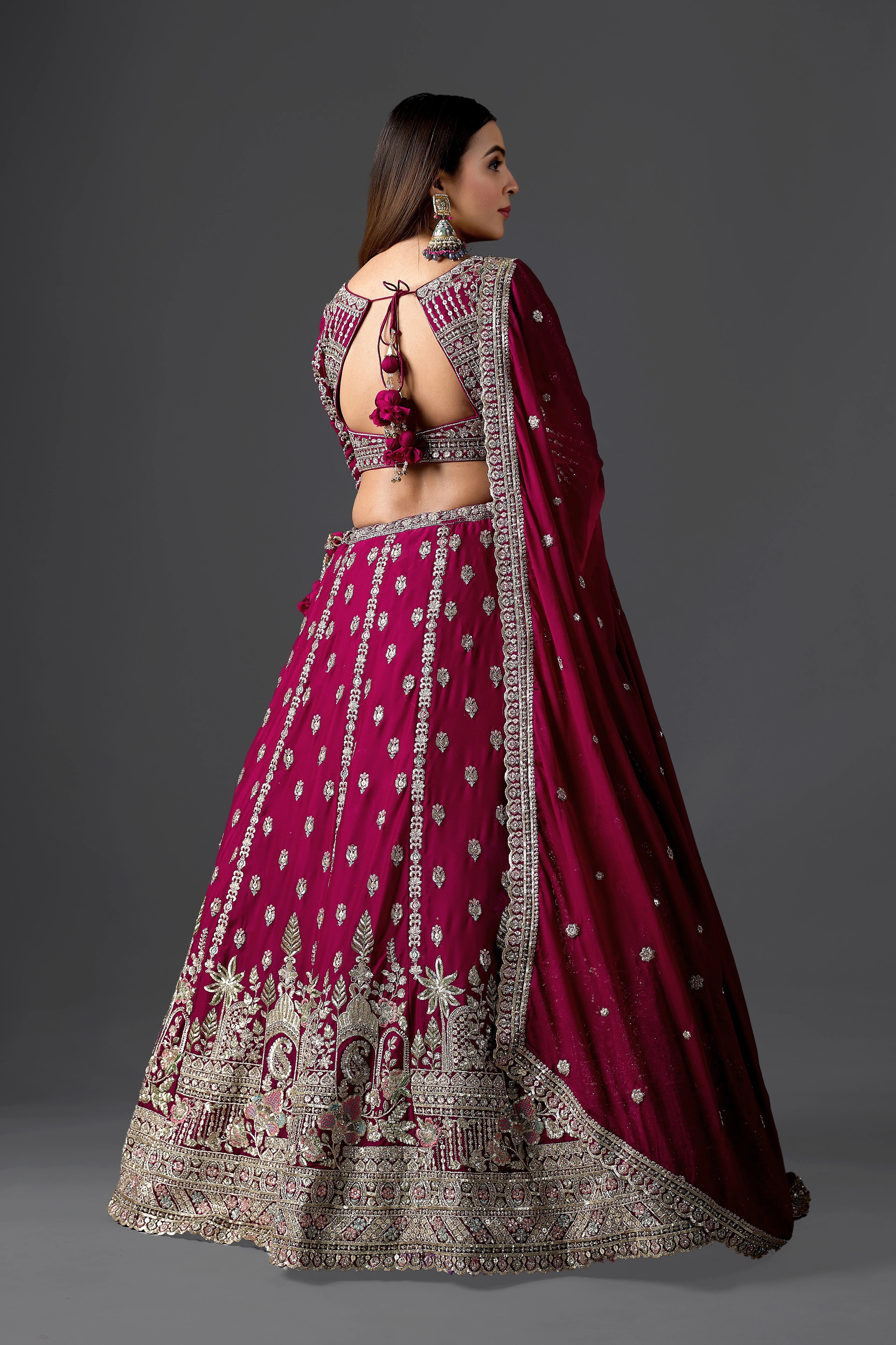 Ruby Wine Georgette Lehenga Set With Ornate Zari Border & Handcrafted Blouse