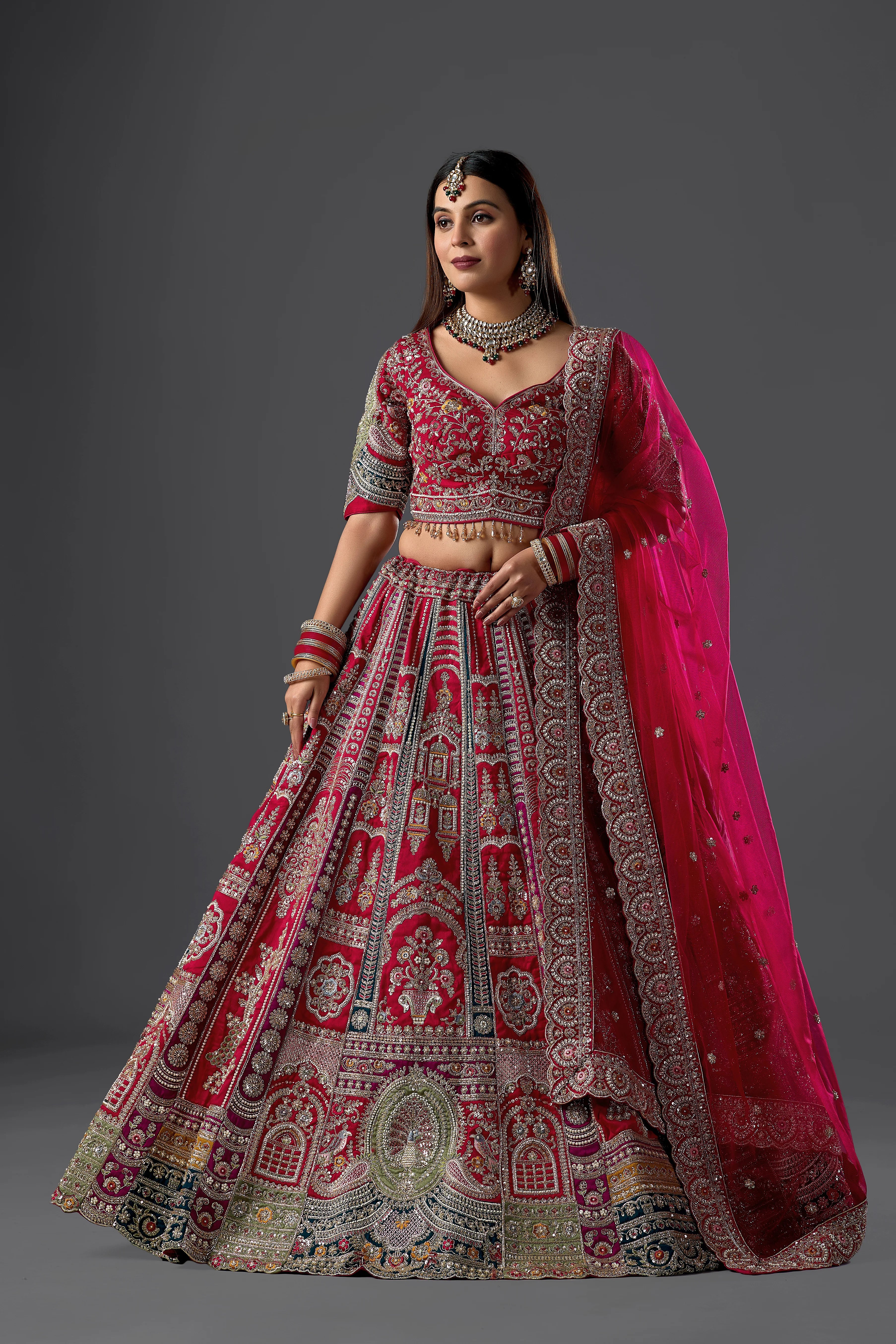 Maroon Raw Silk Hand & Machine Embroidered Bridal Lehenga Set